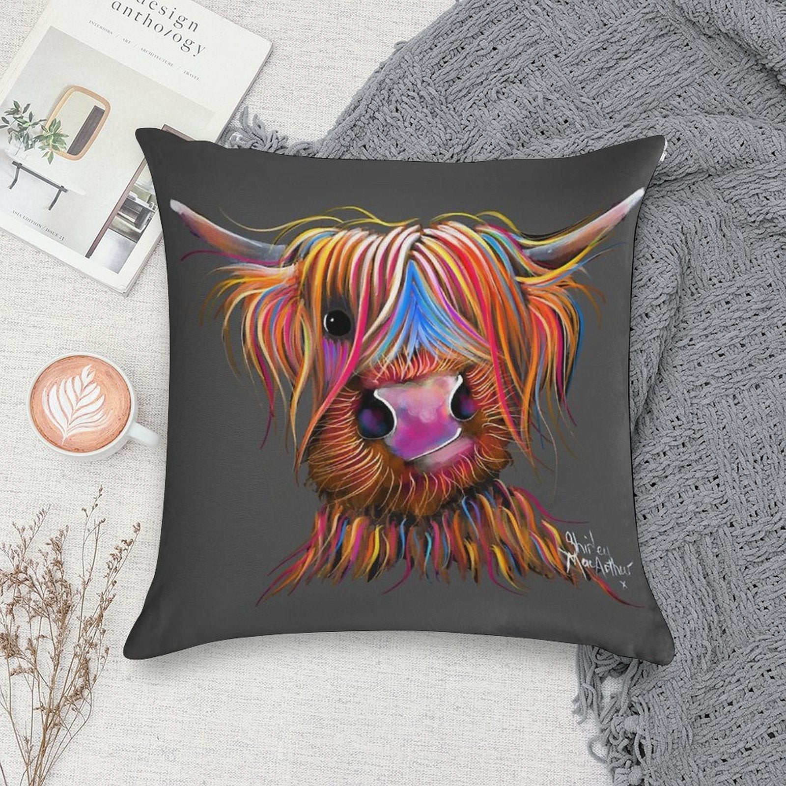 CoW PRiNT SCoTTiSH HiGHLaND ' BRuCe ON GReY ' BY SHiRLeY MacARTHuR Soft Washable Throw Pillow
