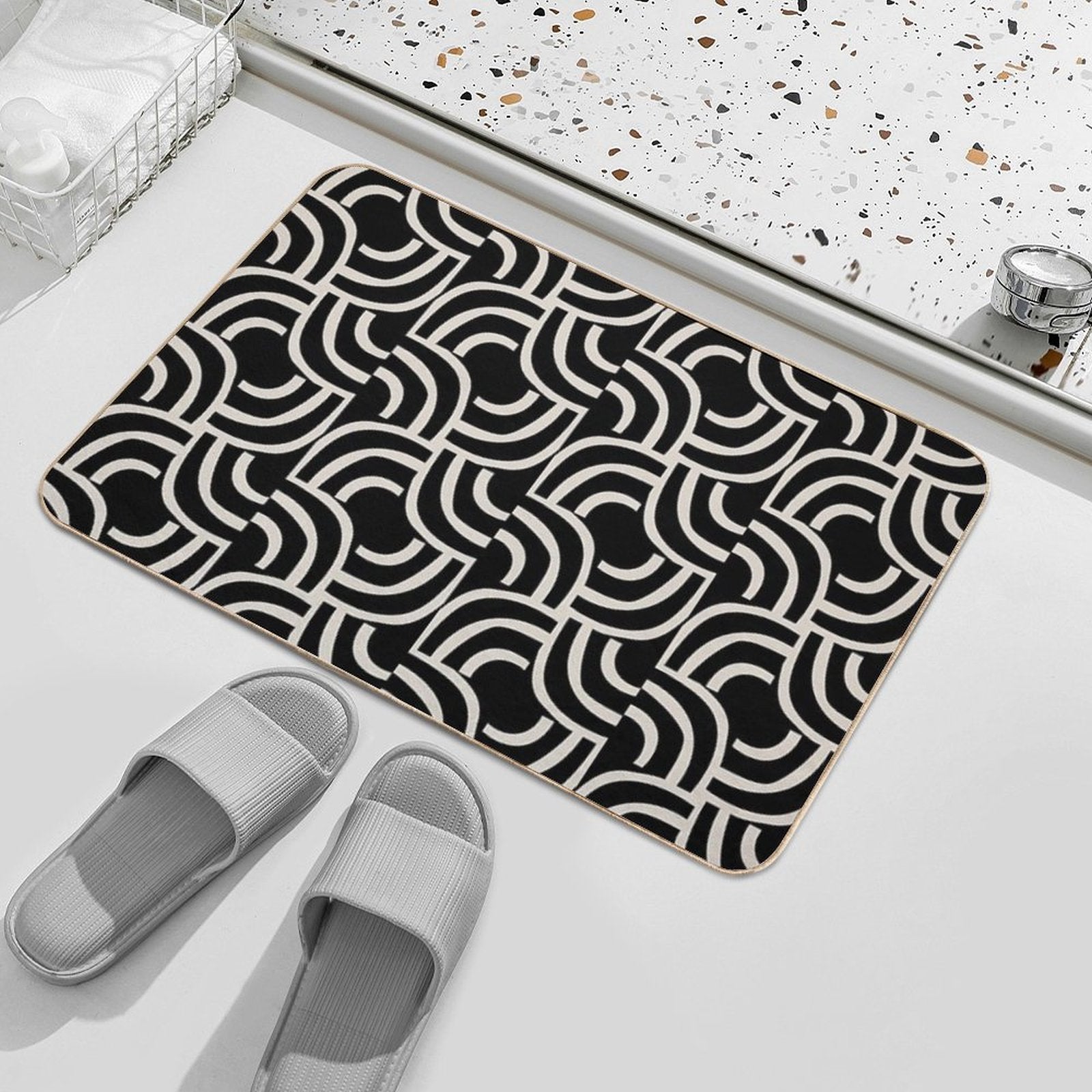Modernist Abstract Arc Pattern 622 Black And Linen White  Odorless Bath Mat