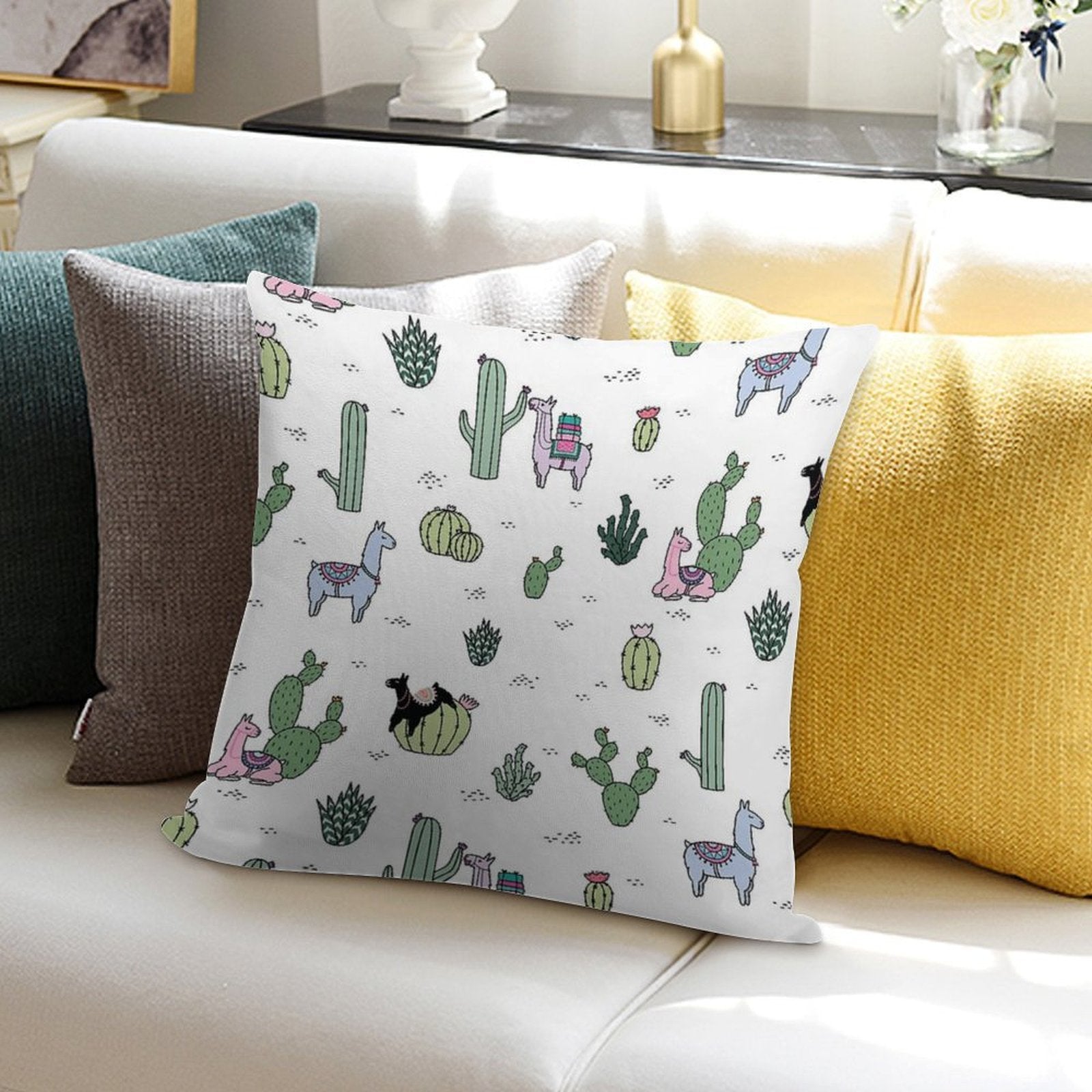 Cacti Llamas Soft Washable Throw Pillow