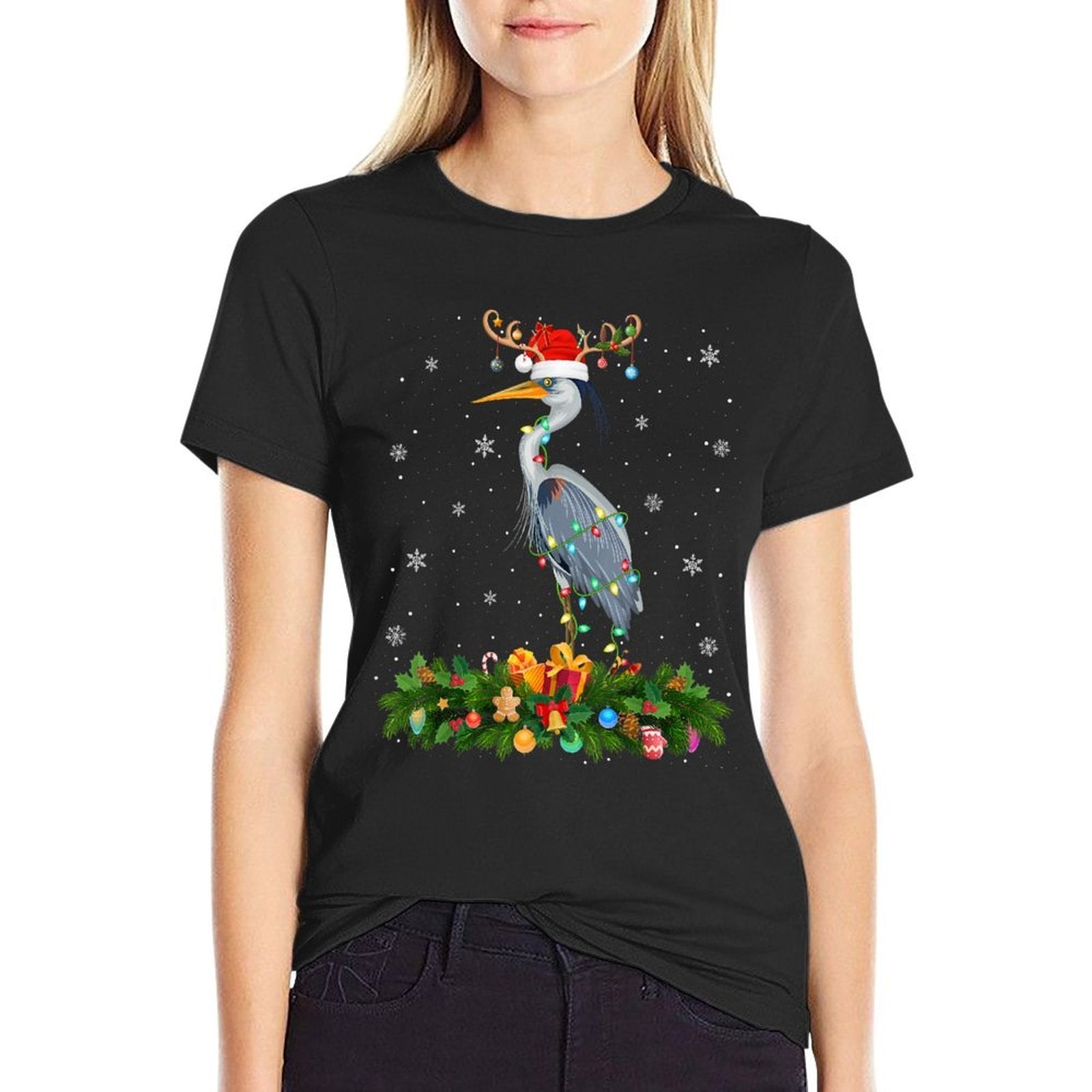 Heron Bird Christmas Lights Reindeer Santa Xmas Adult  Kids  Durable T-Shirt