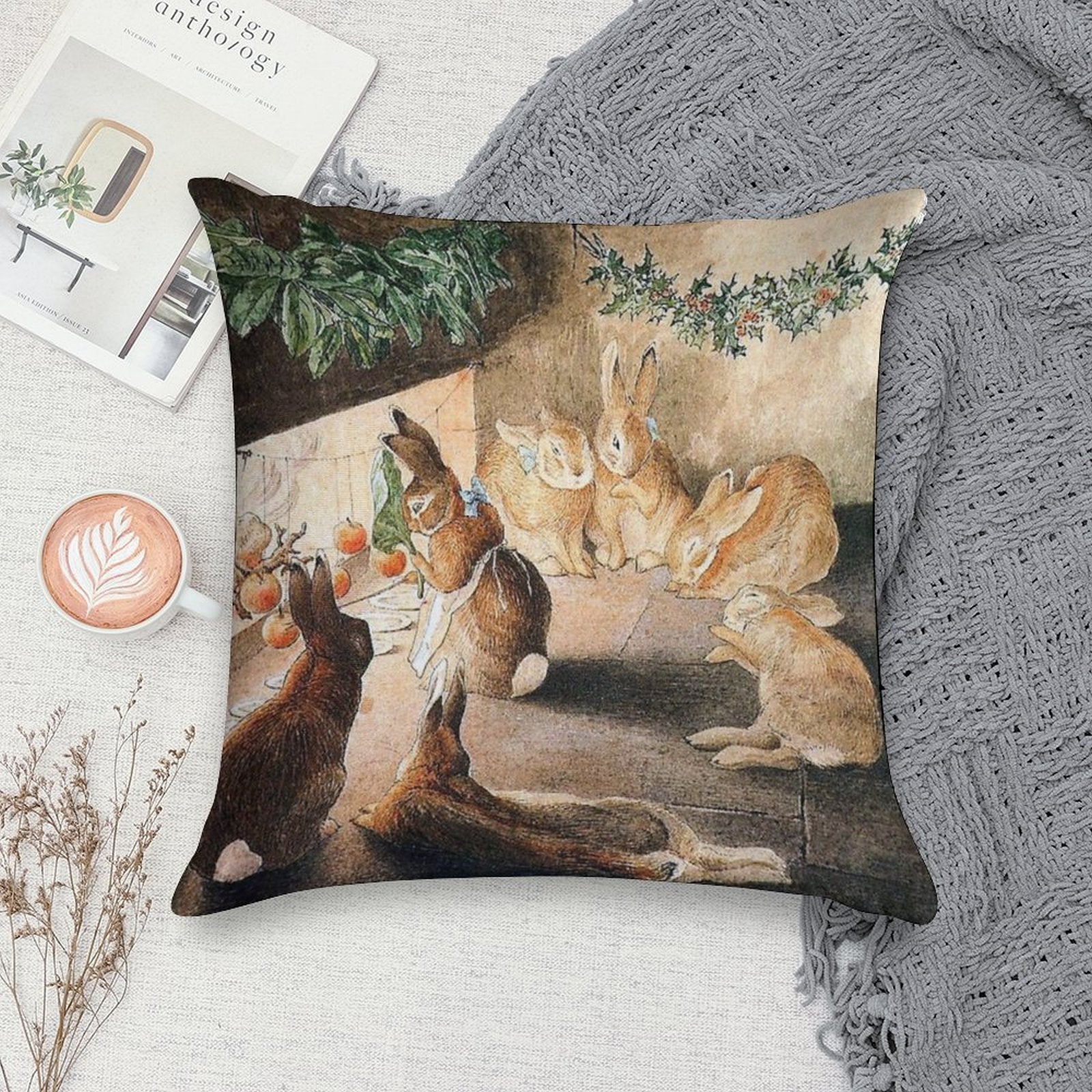 Christmas Rabbit Family Roasting Apples - Beatrix Potter Soft Shrink-Resistant Throw Pillow