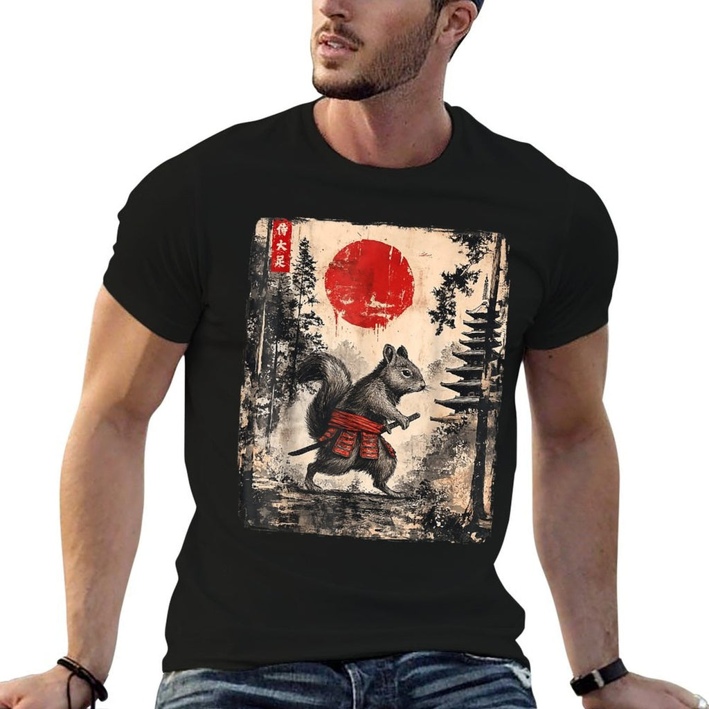 Samurai Squirrel Japanese Vintage Funny Gifts Graphic Art  Rolled Sleeves T-Shirt
