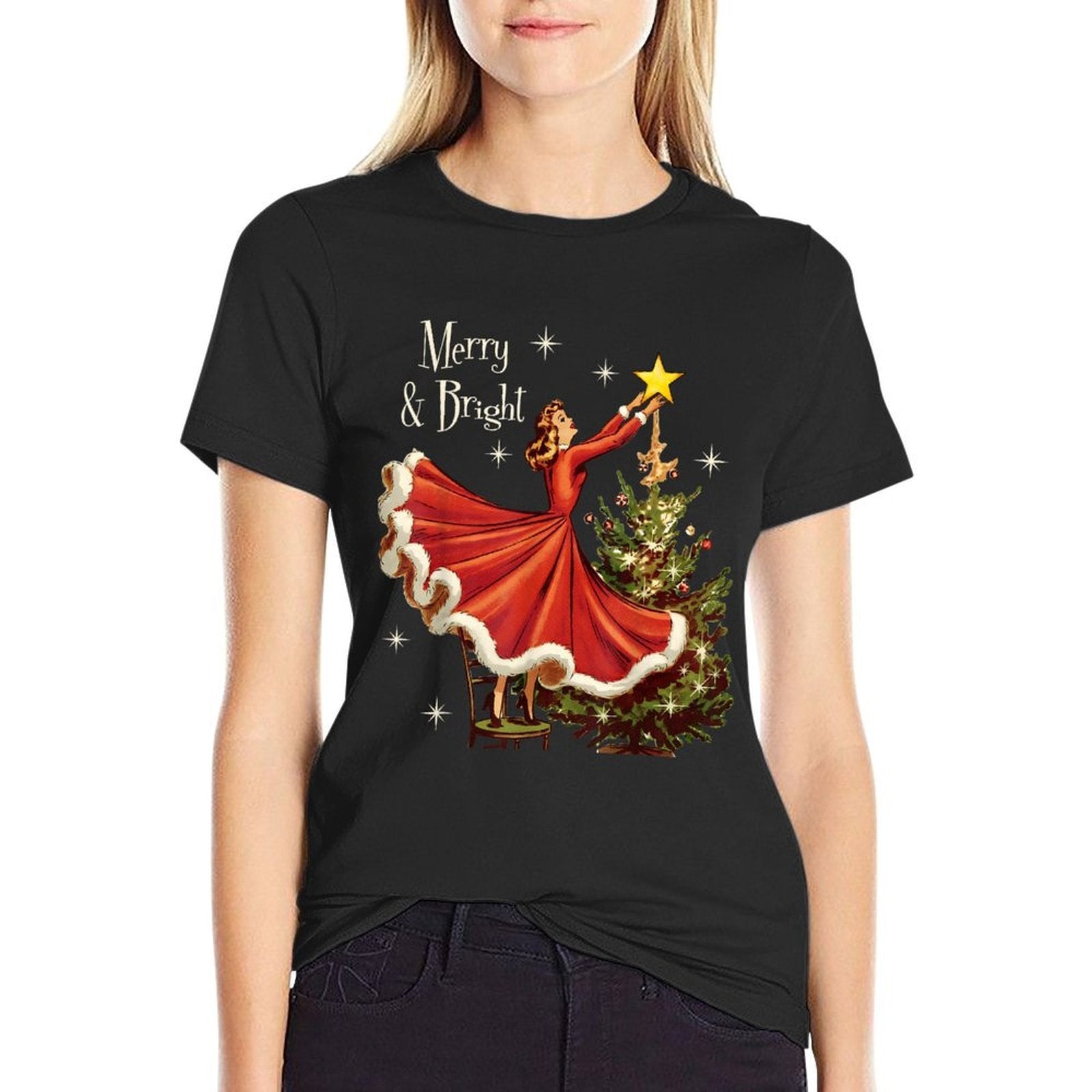 Vintage Merry And Bright Christmas 1950 Girl Decorating Tree  Easy-care T-Shirt