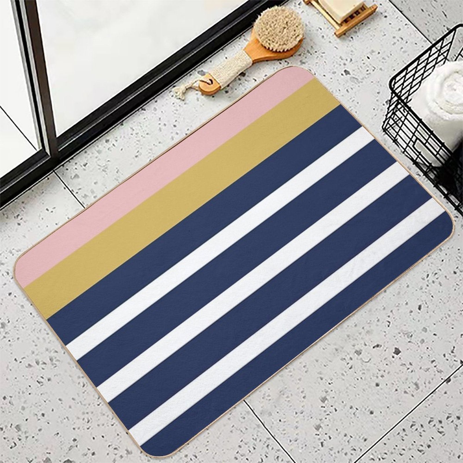 Mixed Stripe Pattern in Navy Blue, Blush Pink, Mustard Yellow, And White  Absorbent Bath Mat