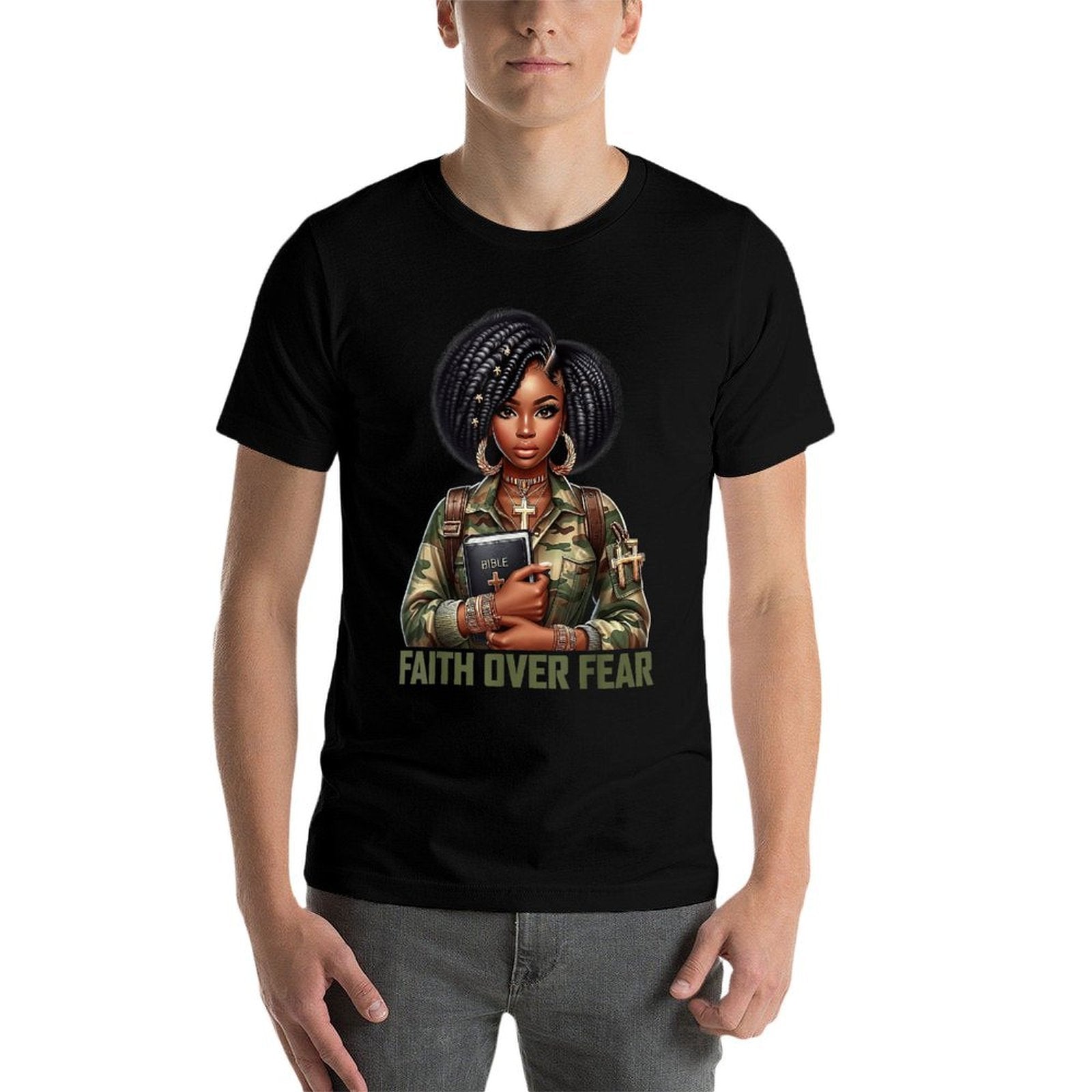 Faith Over Fear Christian Camo African American Afro Women  Eco-friendly Material T-Shirt
