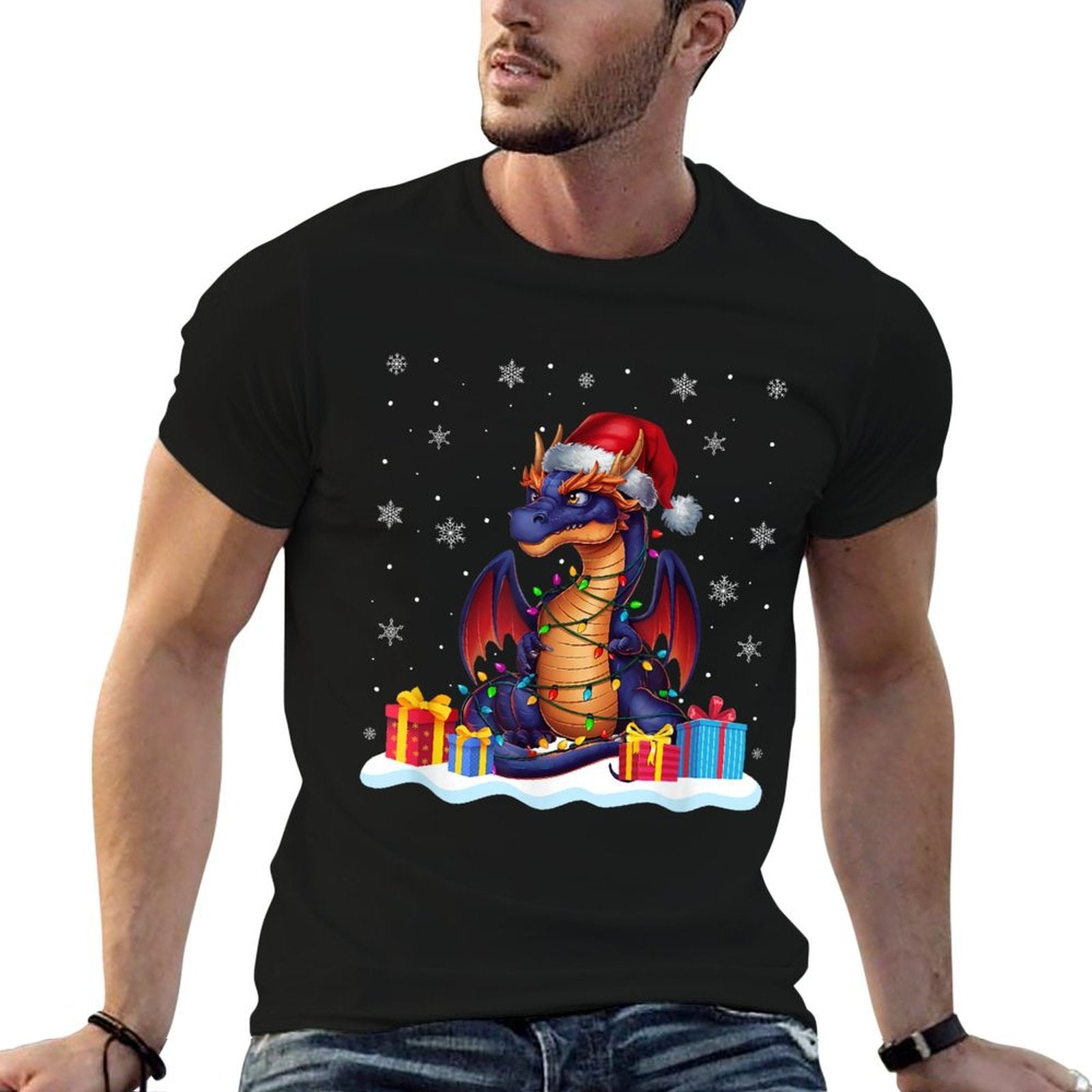 Dragon Santa Hat Christmas Tree Light Xmas Pajama  Heathered Texture T-Shirt