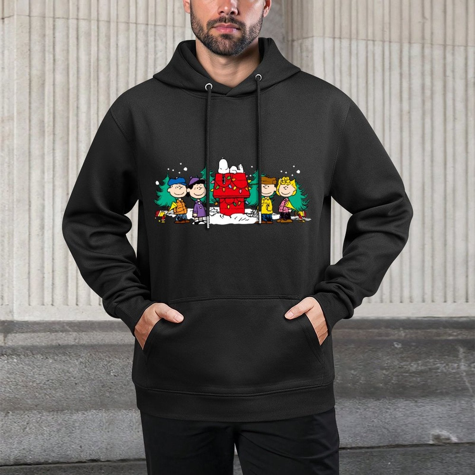Peanuts - Christmas Group Snoopy Holiday Lights House Sweatshirt Adjustable Hood Hoodie