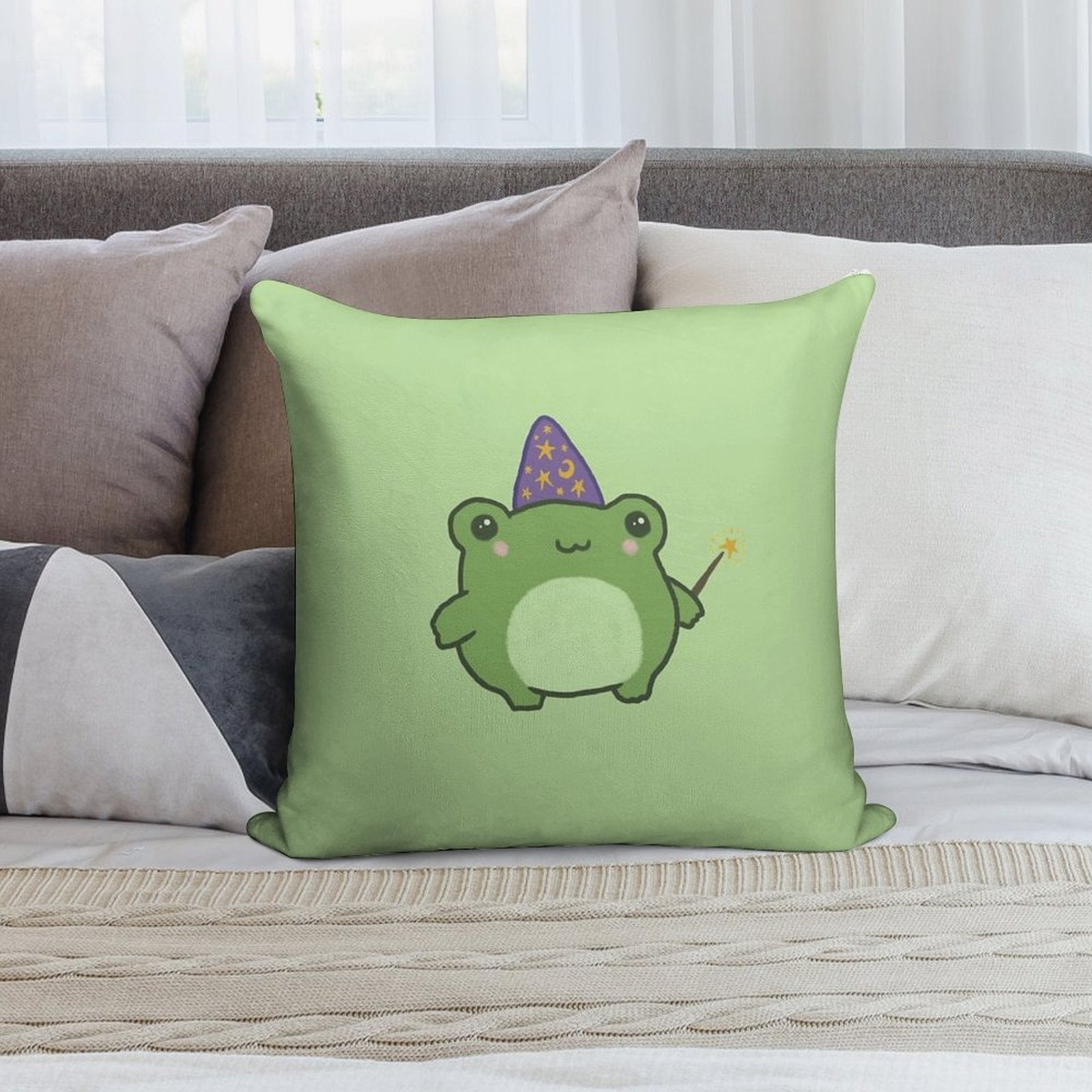 Chubby Frog Wizard Cottagecore Kawaii Toad with Magic Wand, Purple Cap, Ideal Fantasy Gift for Teens And Kids Soft Warmth Comfort Throw Pillow