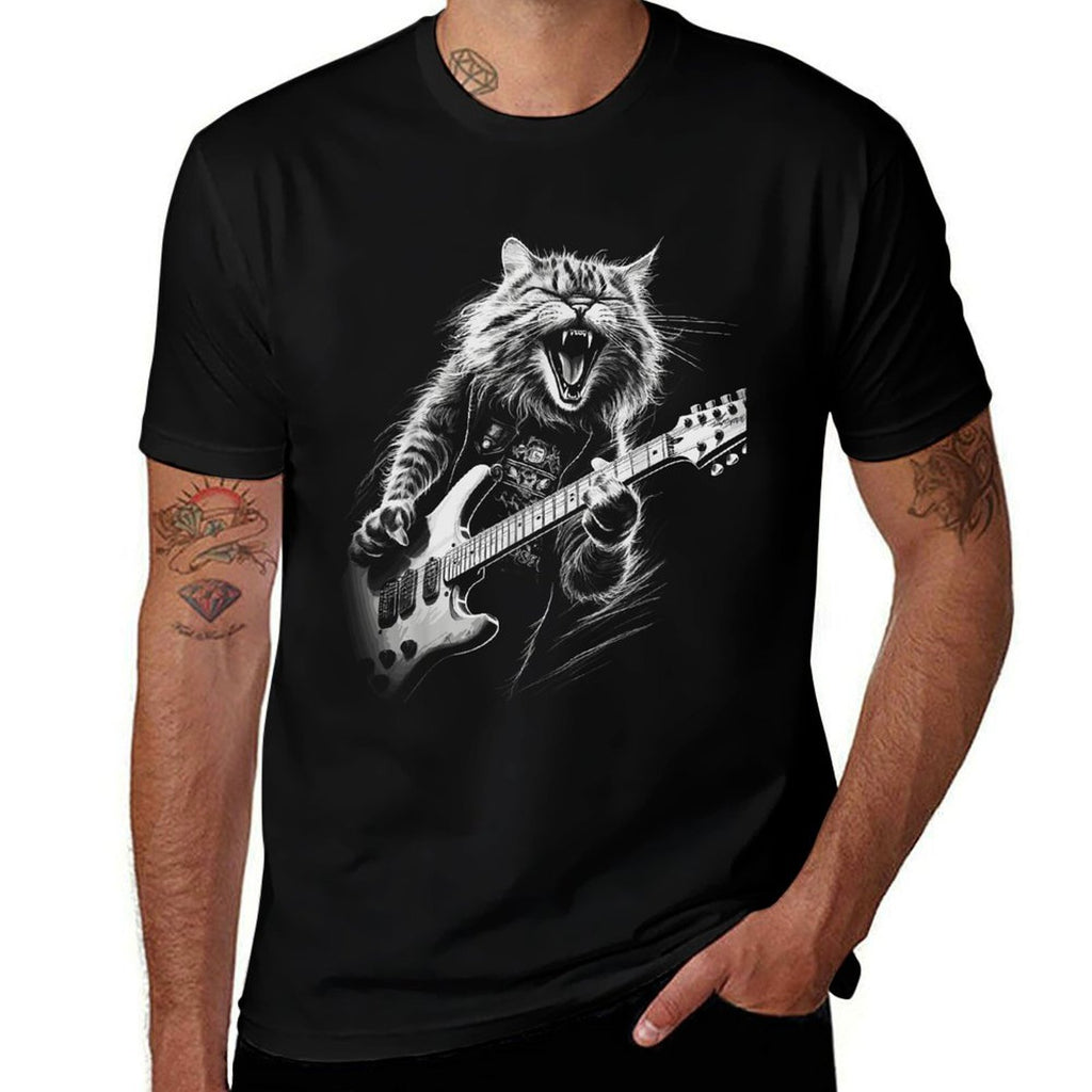 Rock Cat Playing Guitar Mens Woman Funny Guitar Cat  Slim-fit Cut T-Shirt