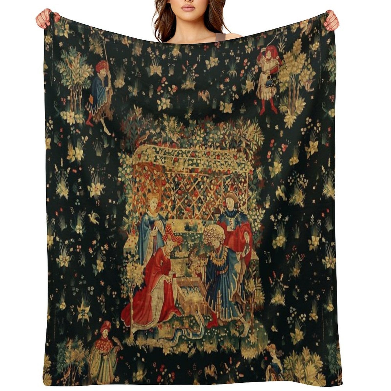 FALCONS BATH Red Blue Antique Medieval Tapestry,Court Figures,Birds, Flowers ,Rose Trellis Gift-ready Throw Blanket