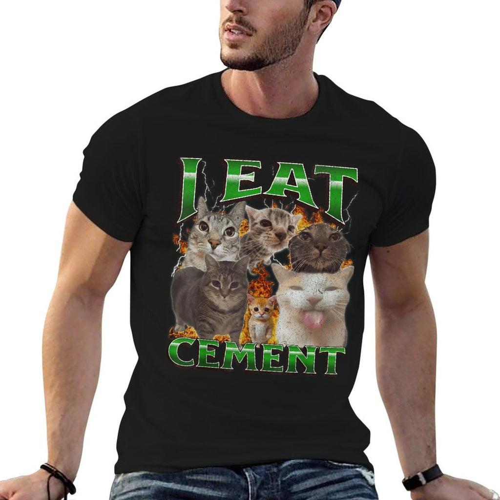I Eat Cement Funny Cat Meme Bootleg Graphic  Ribbed Collar T-Shirt