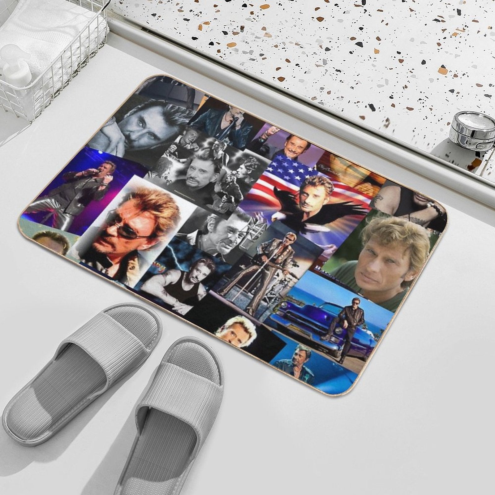 Johnny Hallyday French Singer Assorted Rectangular Vintage Collage  Slip-Resistant Bath Mat