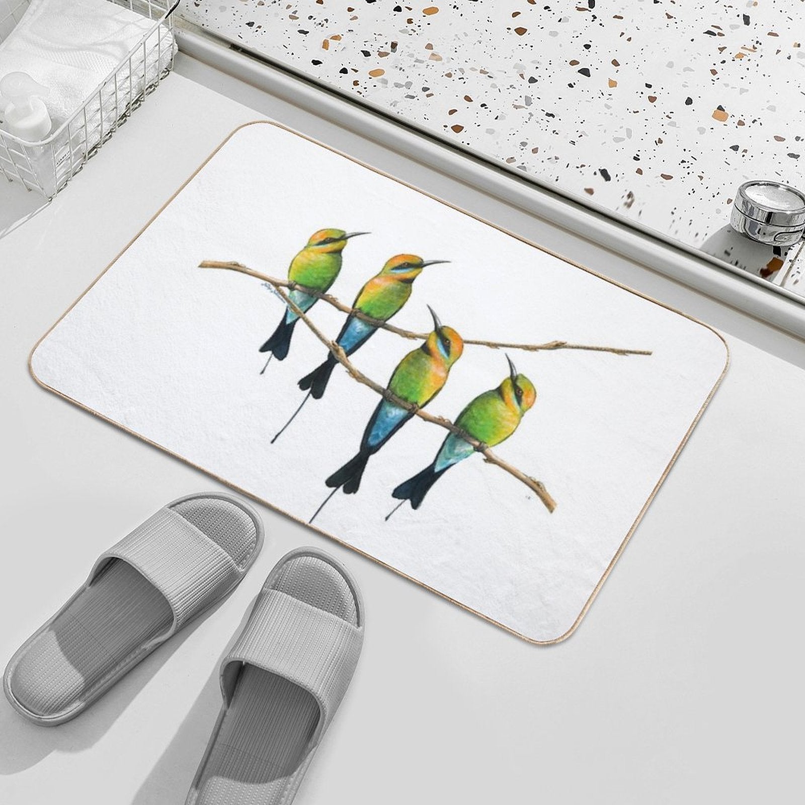 Rainbow Bee-Eaters Watercolour Design - Blue Background  Slip-Resistant Bath Mat