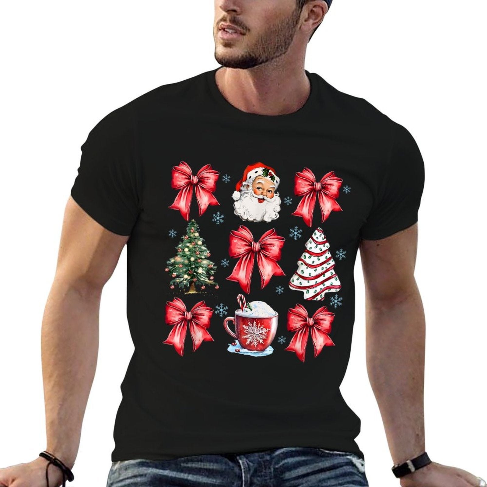 Retro Christmas Coquette Bow Santa Coffee Cake Holiday Women  Fade-proof Color T-Shirt