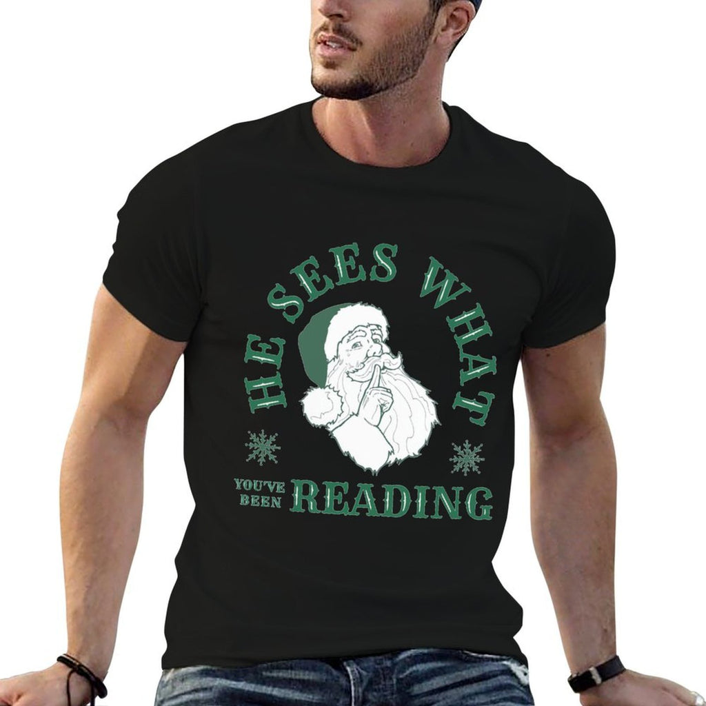 Book Lover Reader Christmas He Sees What Youve Been Reading Funny Bookish Christmas Sweatshirt Grey Medium  Tagless Design T-Shirt