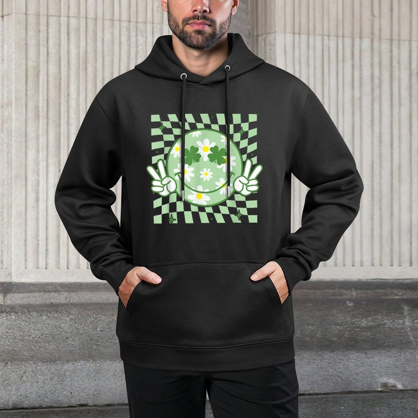 Groovy Shamrock Smile Face St Patricks Day Men Kids Funny Shape Retention Hoodie