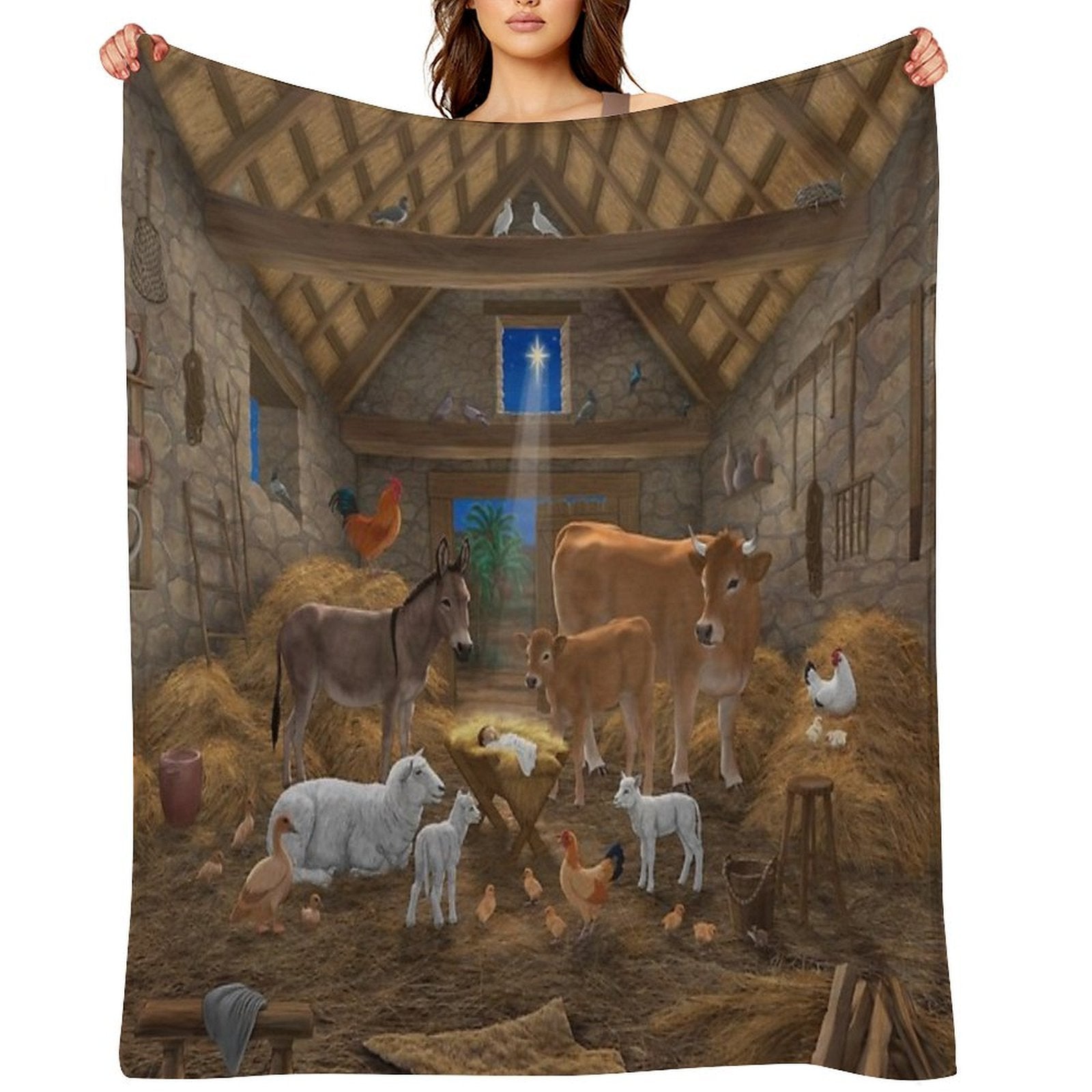 Baby Jesus In Manger Christmas Nativity Scene Premium Throw Blanket