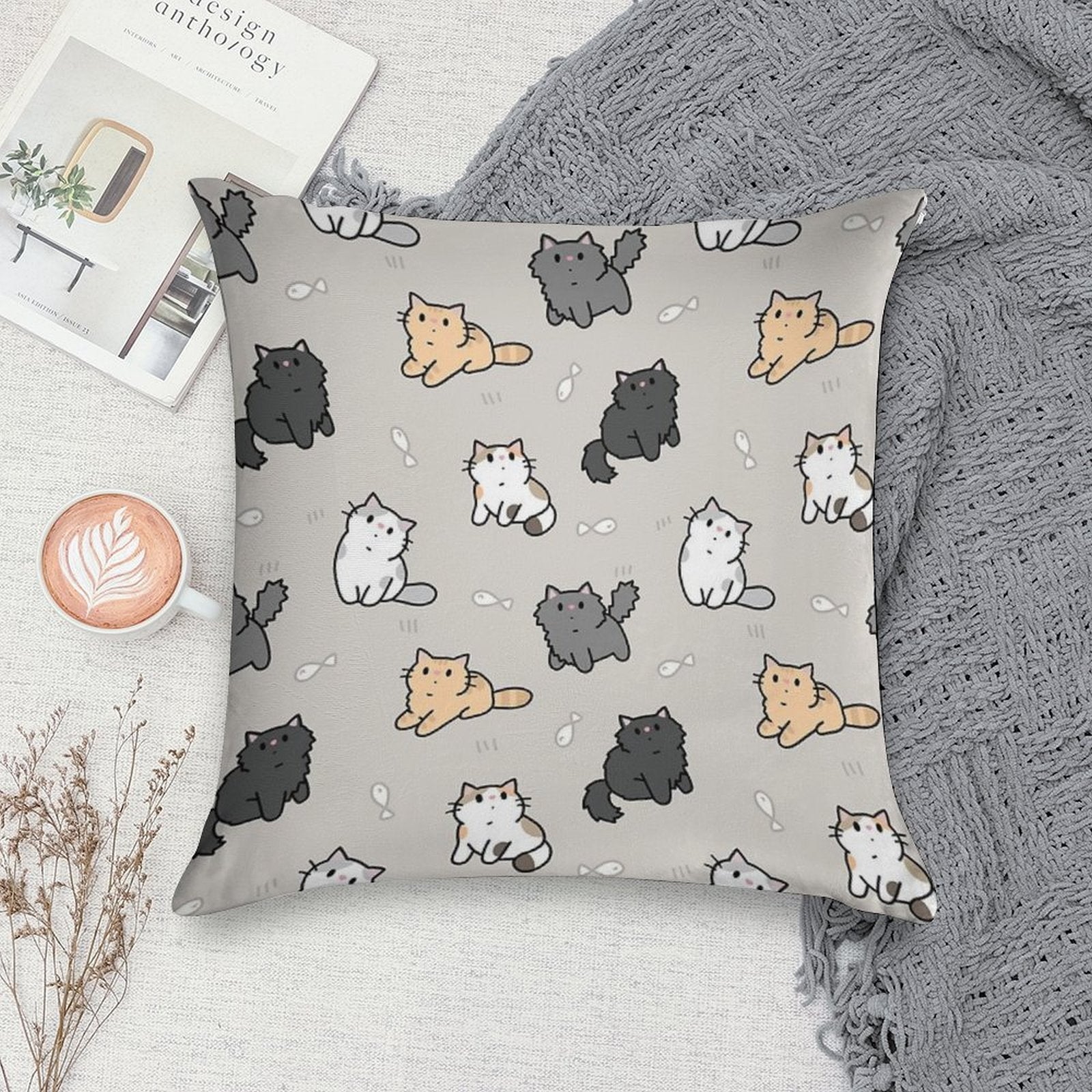 Kittens And Fish Pattern Soft High-Density Material Throw Pillow