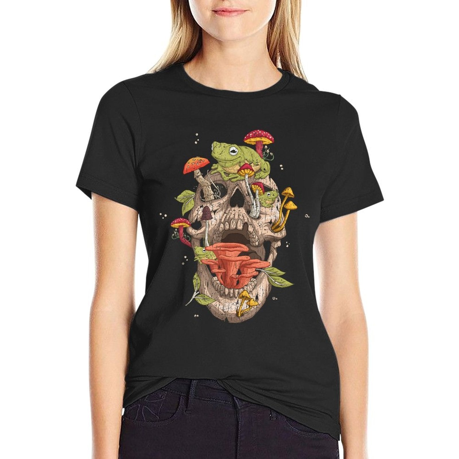 Cottagecore Frog Skull Mushroom Collector Men Women Vintage  Polyester Blend T-Shirt
