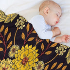 Yellow, Orange & Navy Blue Dark Floral Pattern Quick-dry Throw Blanket