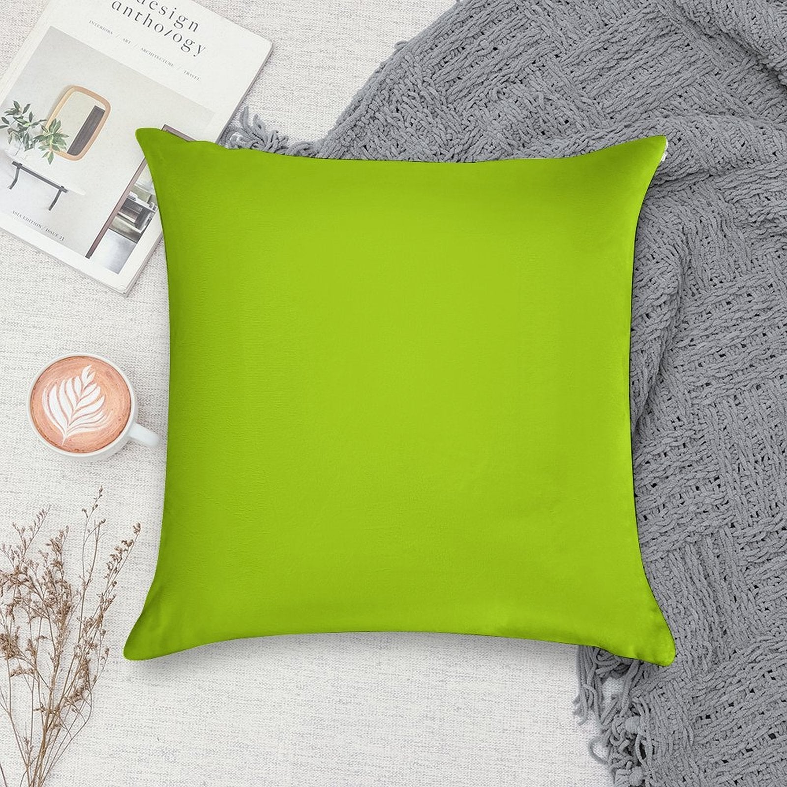 EXCLUSIVE TO OZCUSHIONS - VERY VIVID LIME GREEN -SOLID PLAIN GREEN COLOR Soft Fade-Resistant Throw Pillow