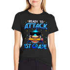 Ready To Attack 1st Grade Shark First Day Of School Boys  Oversized Silhouette T-Shirt
