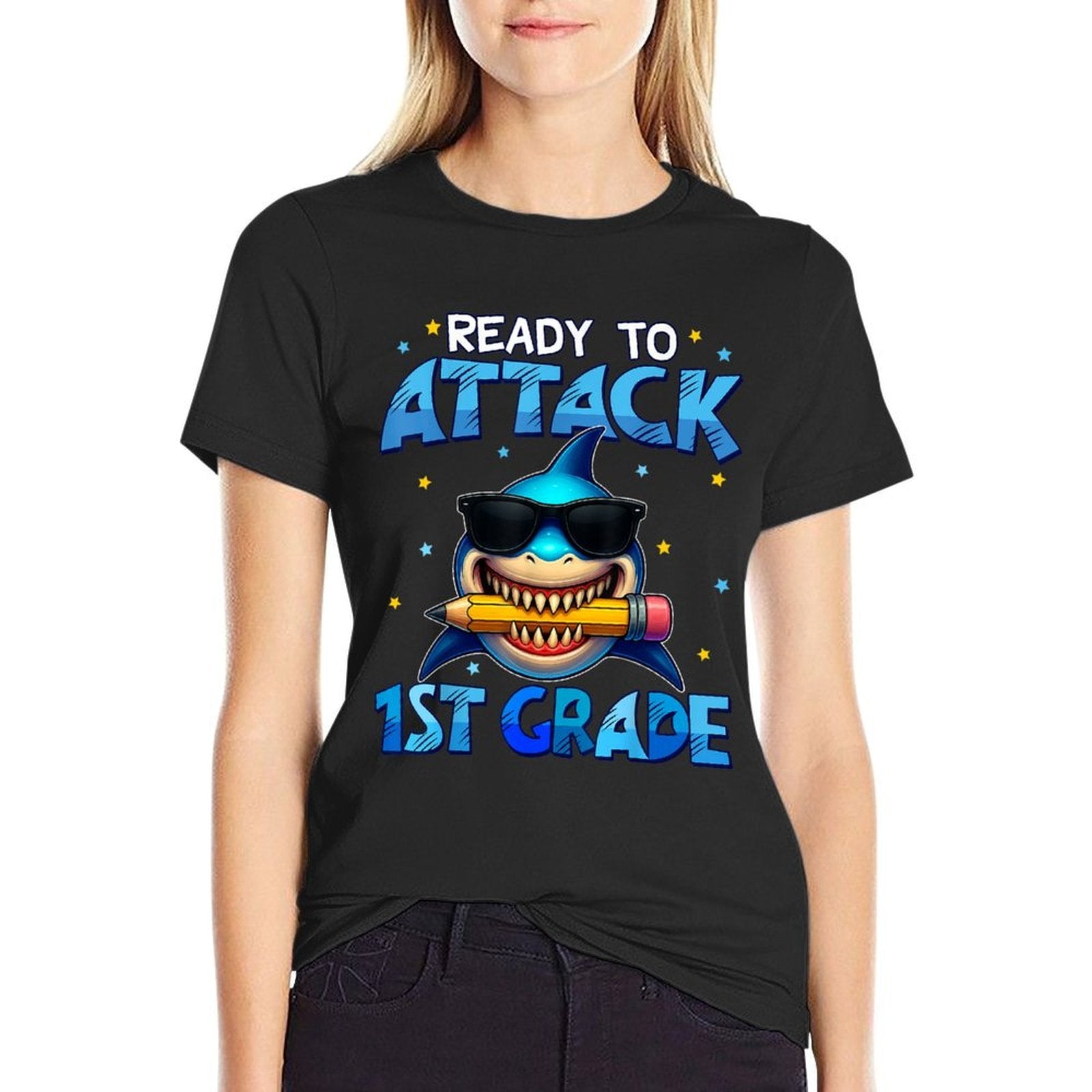 Ready To Attack 1st Grade Shark First Day Of School Boys  Oversized Silhouette T-Shirt