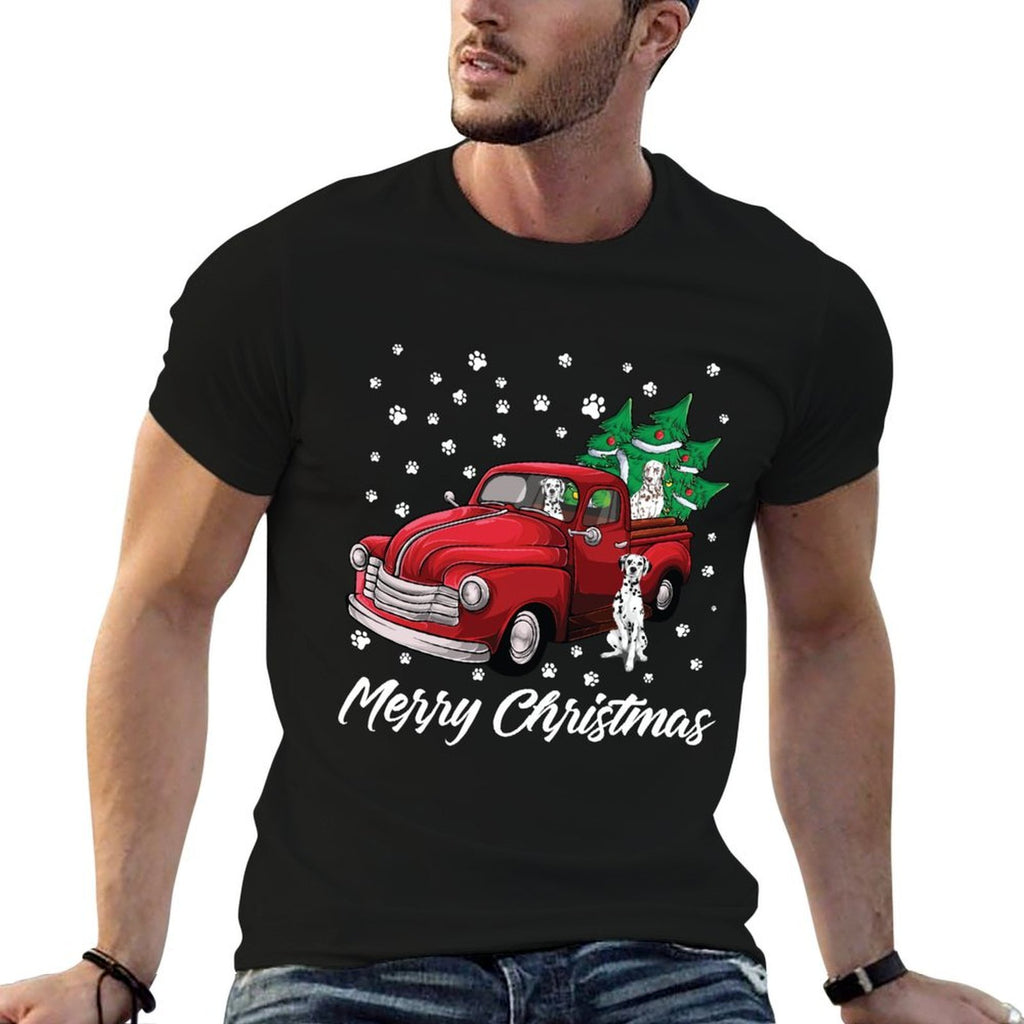Red Truck Merry Christmas Tree Dalmatian Christmas  Slim-fit Cut T-Shirt