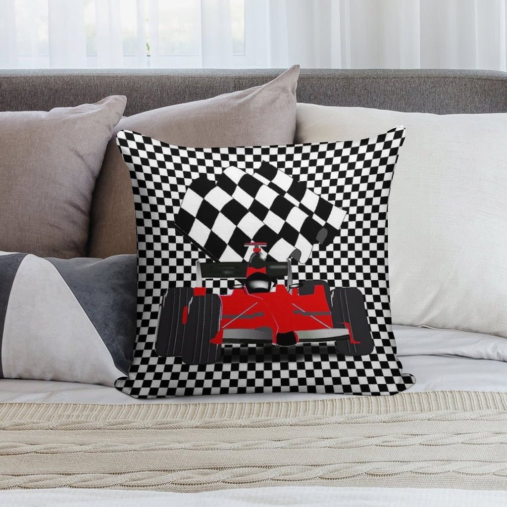 Red  Race Car with Checkered Flag Soft Shrink-Resistant Throw Pillow