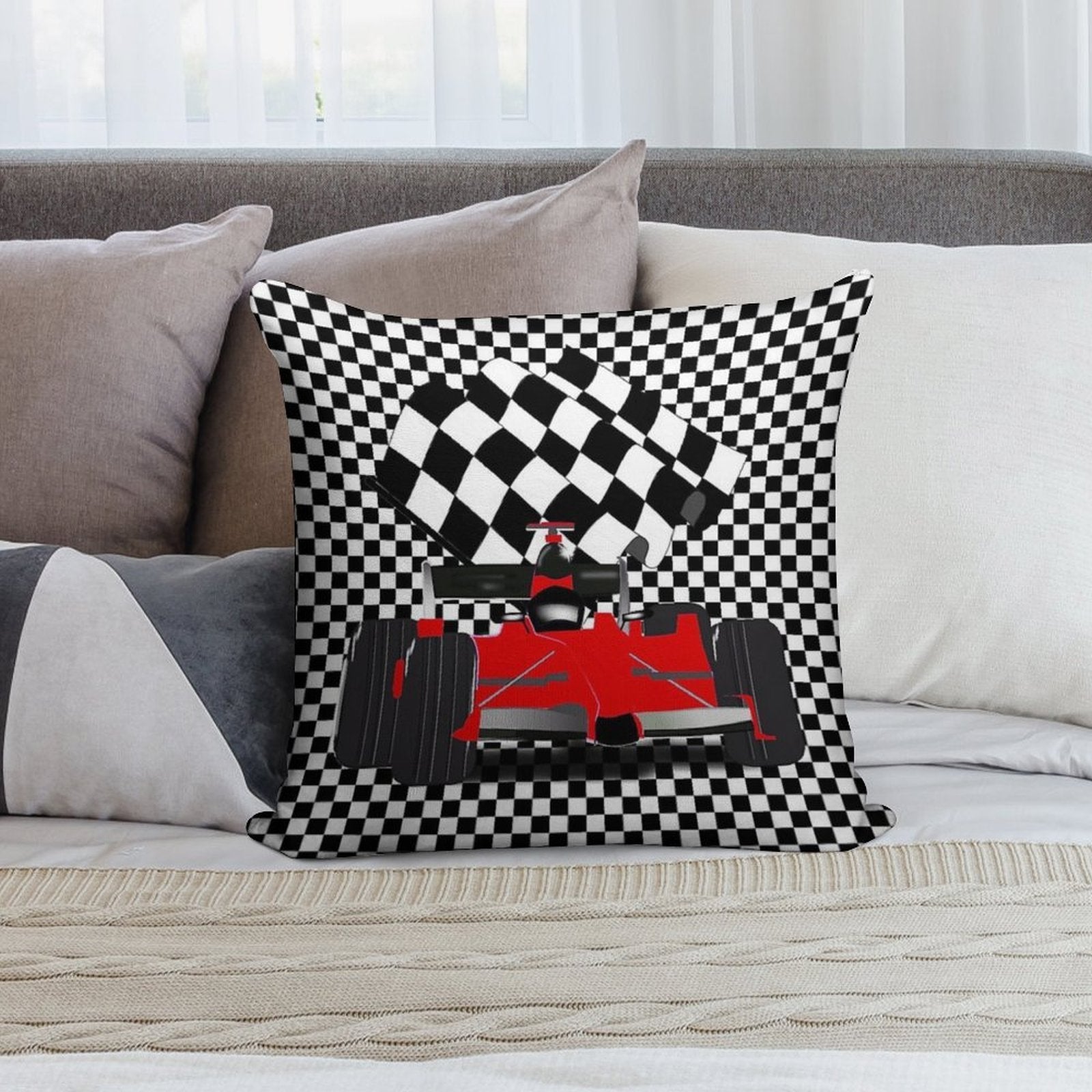 Red  Race Car with Checkered Flag Soft Shrink-Resistant Throw Pillow