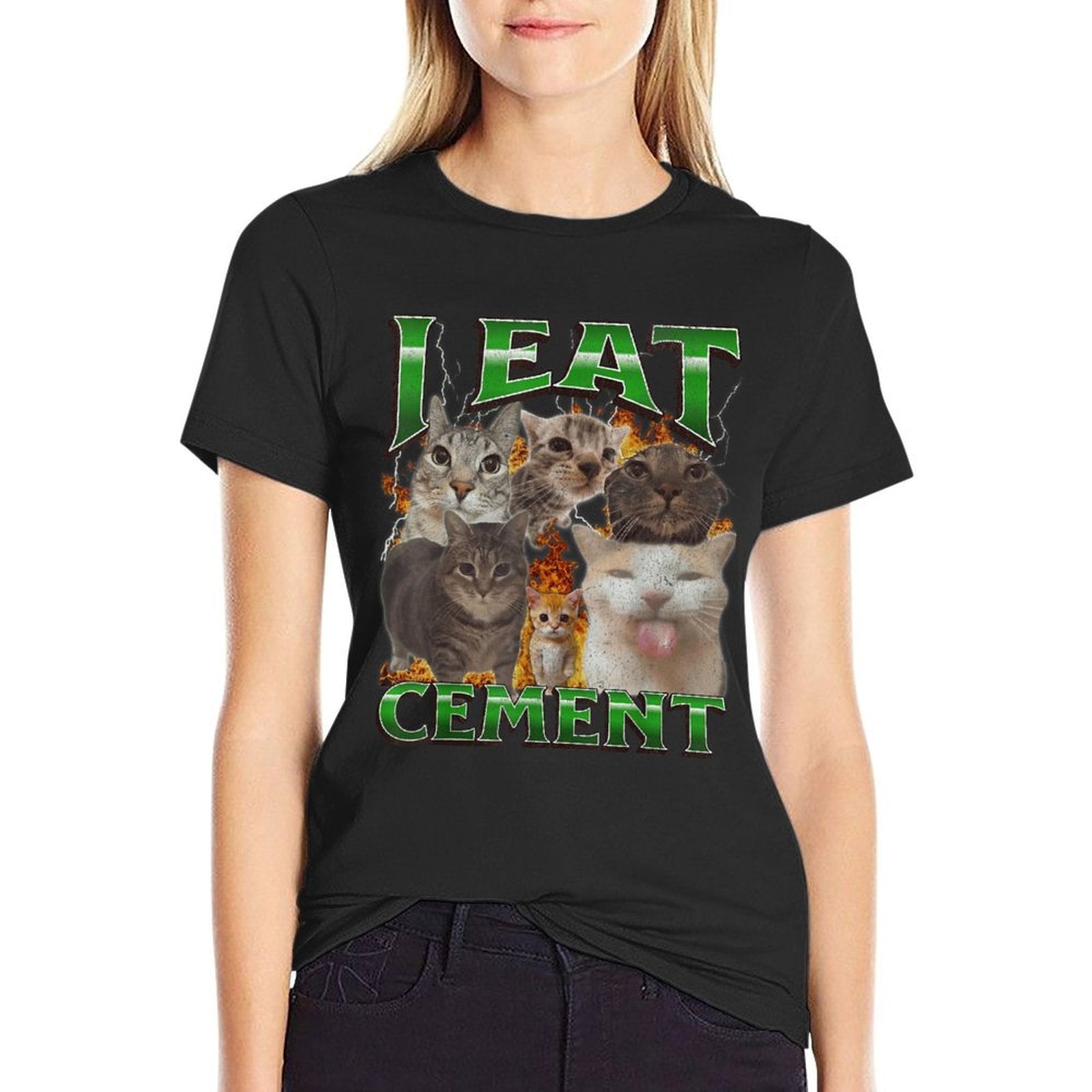 I Eat Cement Funny Cat Meme Bootleg Graphic  Ribbed Collar T-Shirt