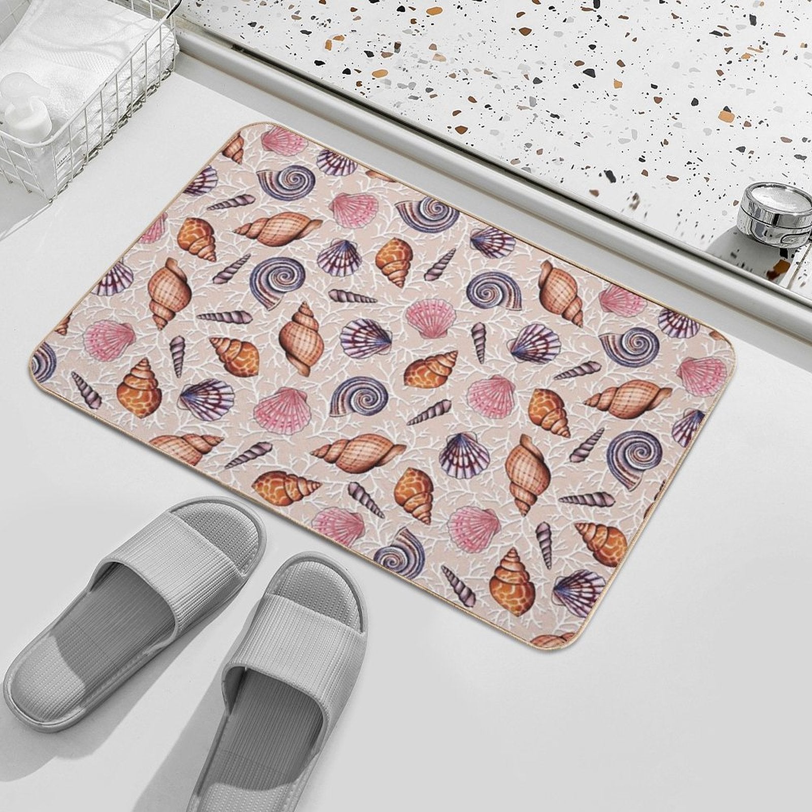 Pale Pink Seashells & Coral  Easy To Clean Bath Mat