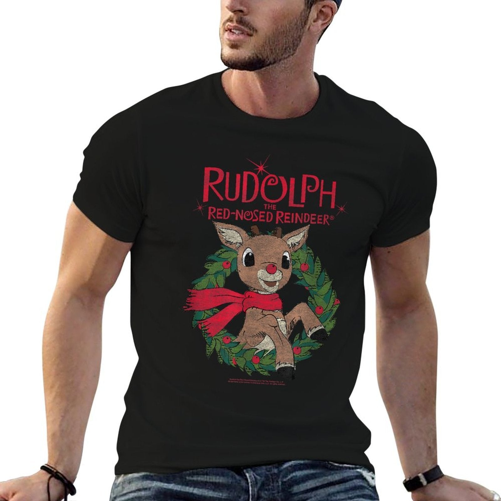 Rudolph Holiday Wreath Illustration Vintage Christmas  High-quality Stitching T-Shirt
