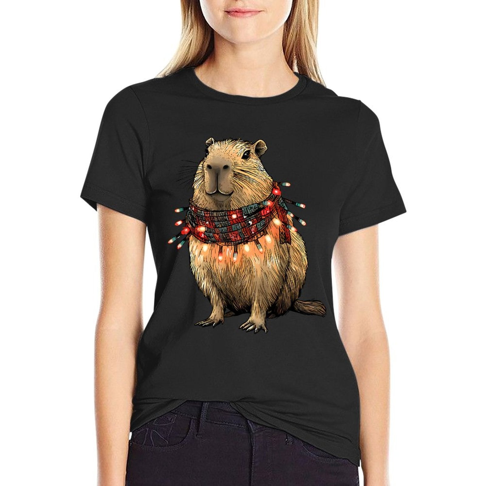 Capybara Christmas Lights  Rolled Sleeves T-Shirt