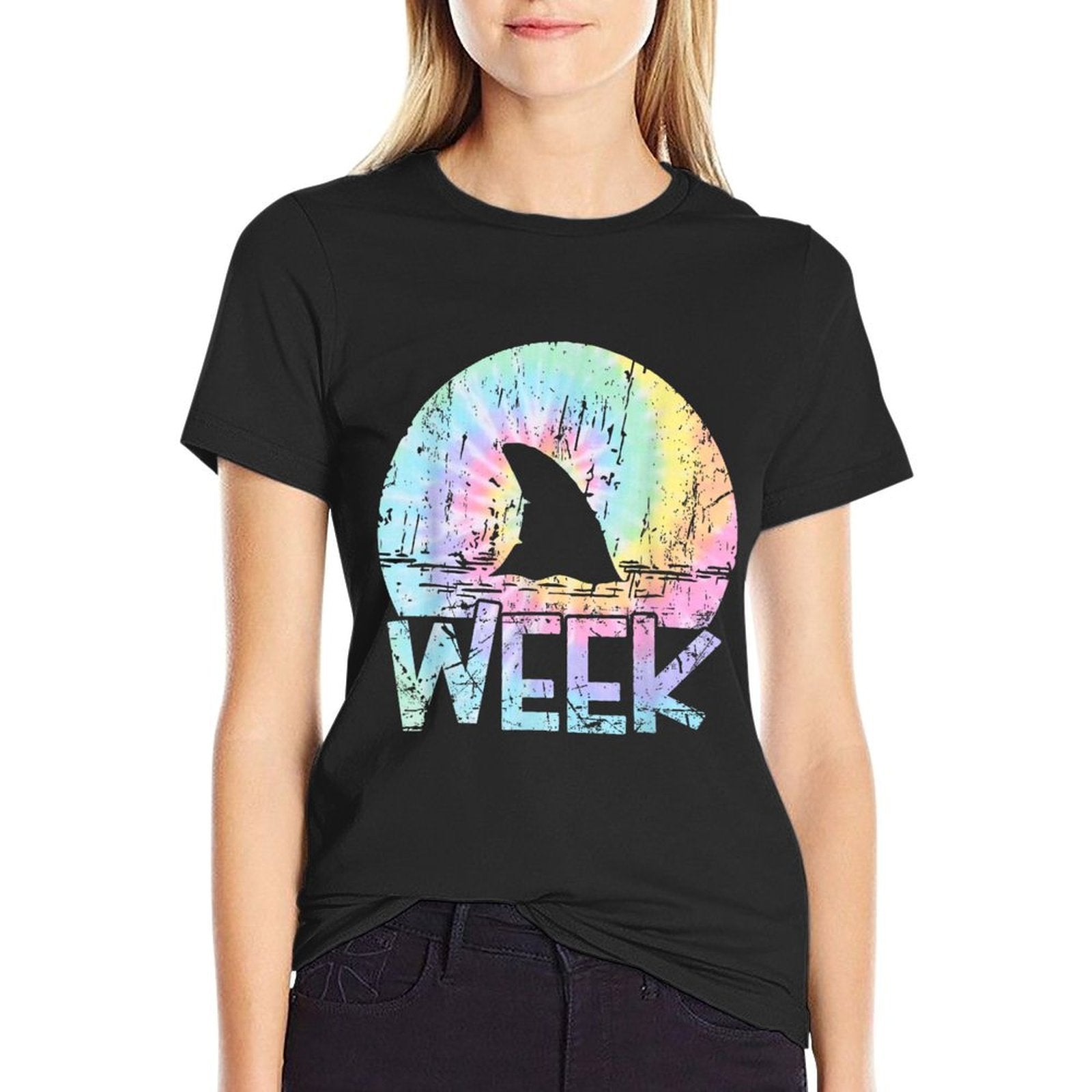 Retro Shark Fin Week 2025 Shark Lover Ocean Wildlife Tie Dye  Wrinkle-resistant T-Shirt