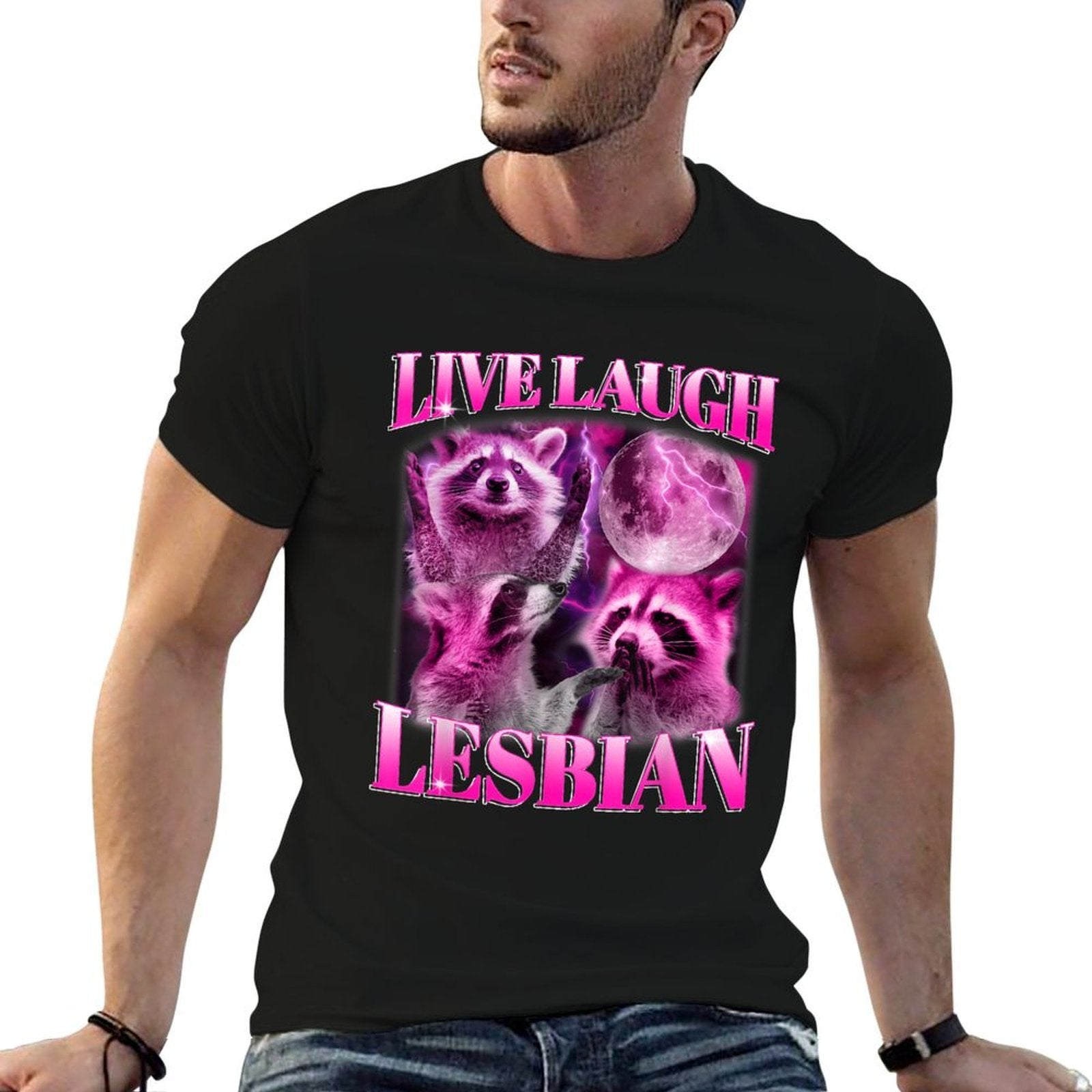 Funny Pink Raccoon Live Laugh Lesbian LGBTQ Pride Month  Lightweight T-Shirt