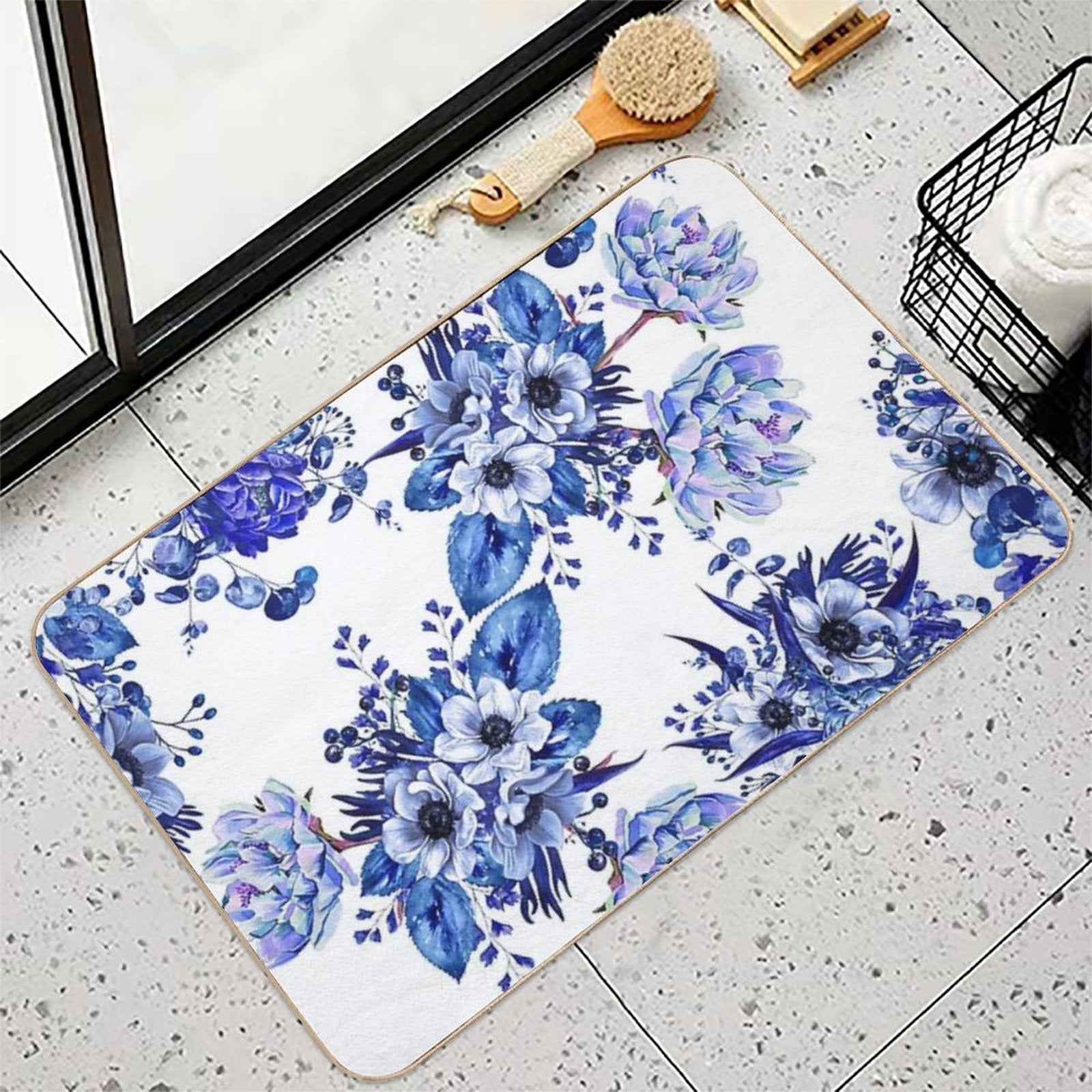 Blue Floral Design  Pet-Safe Bath Mat