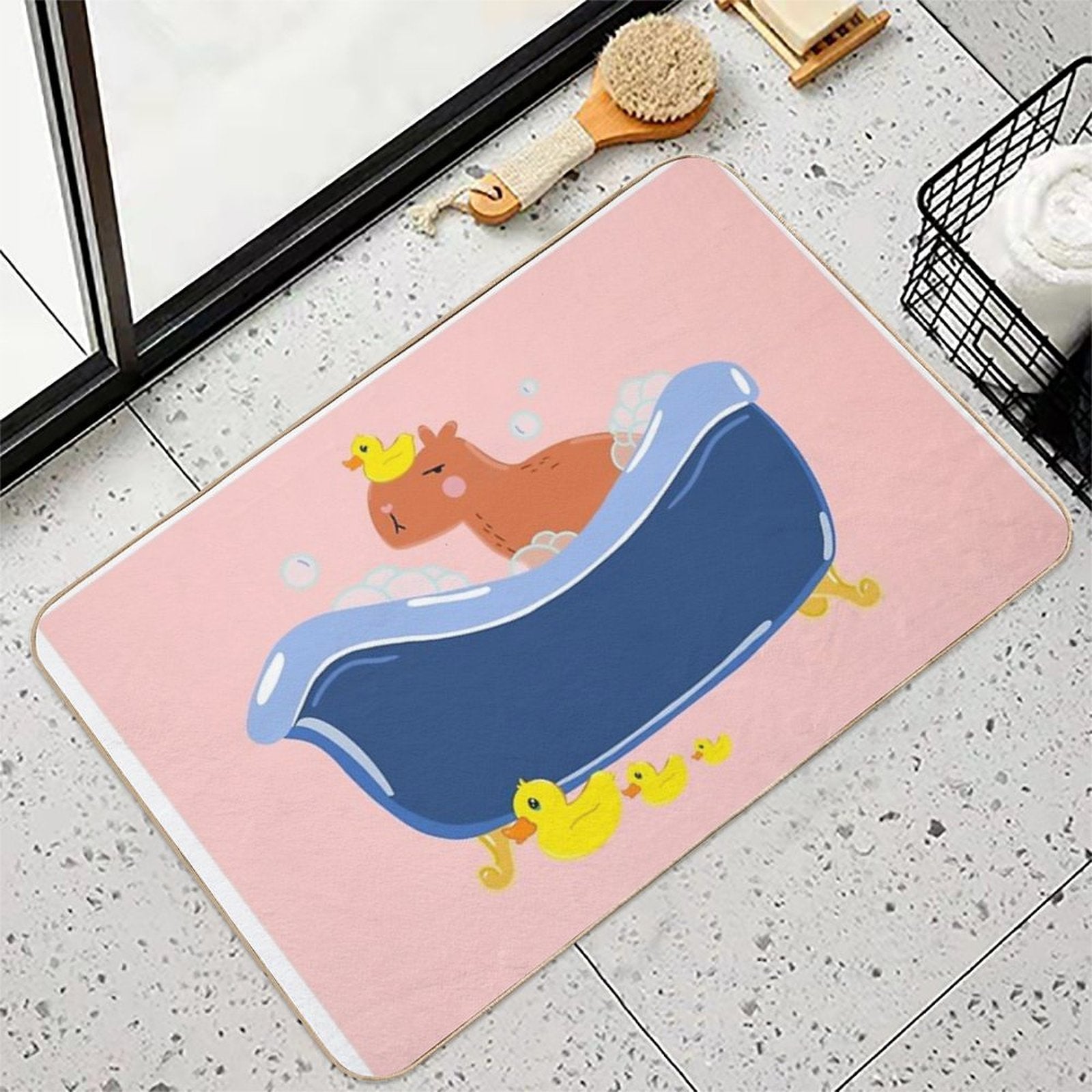 Capybara Taking A Bubble Bath with A Rubber Duck  Versatile Bath Mat