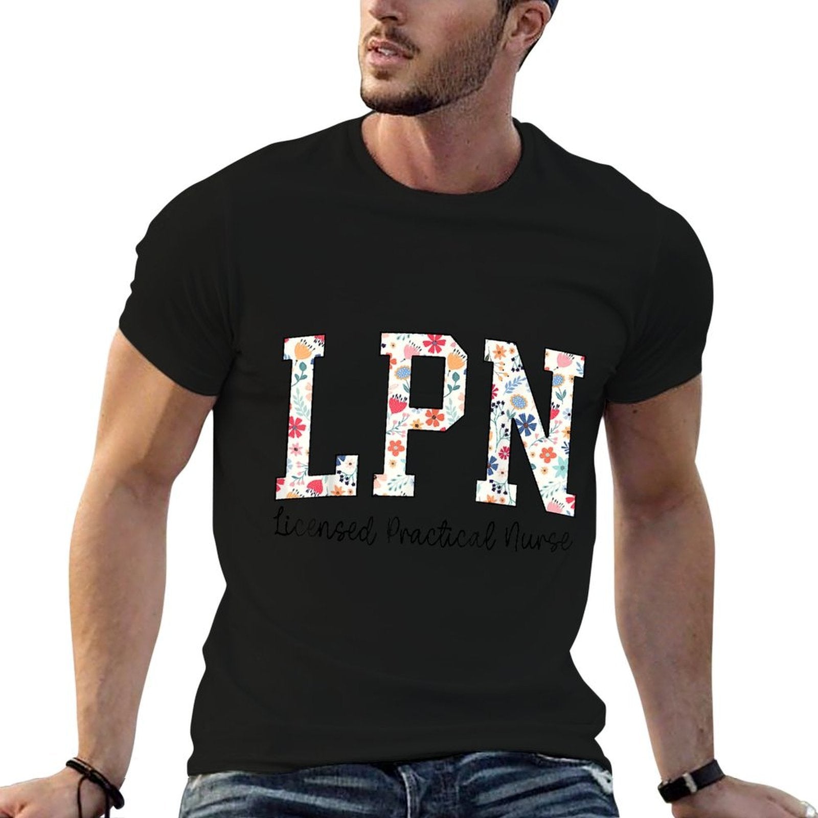 LPN Nurse Licensed Practical Nursing Flower Retro Healthcare  Rolled Sleeves T-Shirt