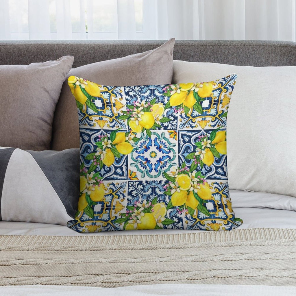 Bright Mediterranean Sicilian Tiles with Citrus Lemons Soft Style Accent Throw Pillow