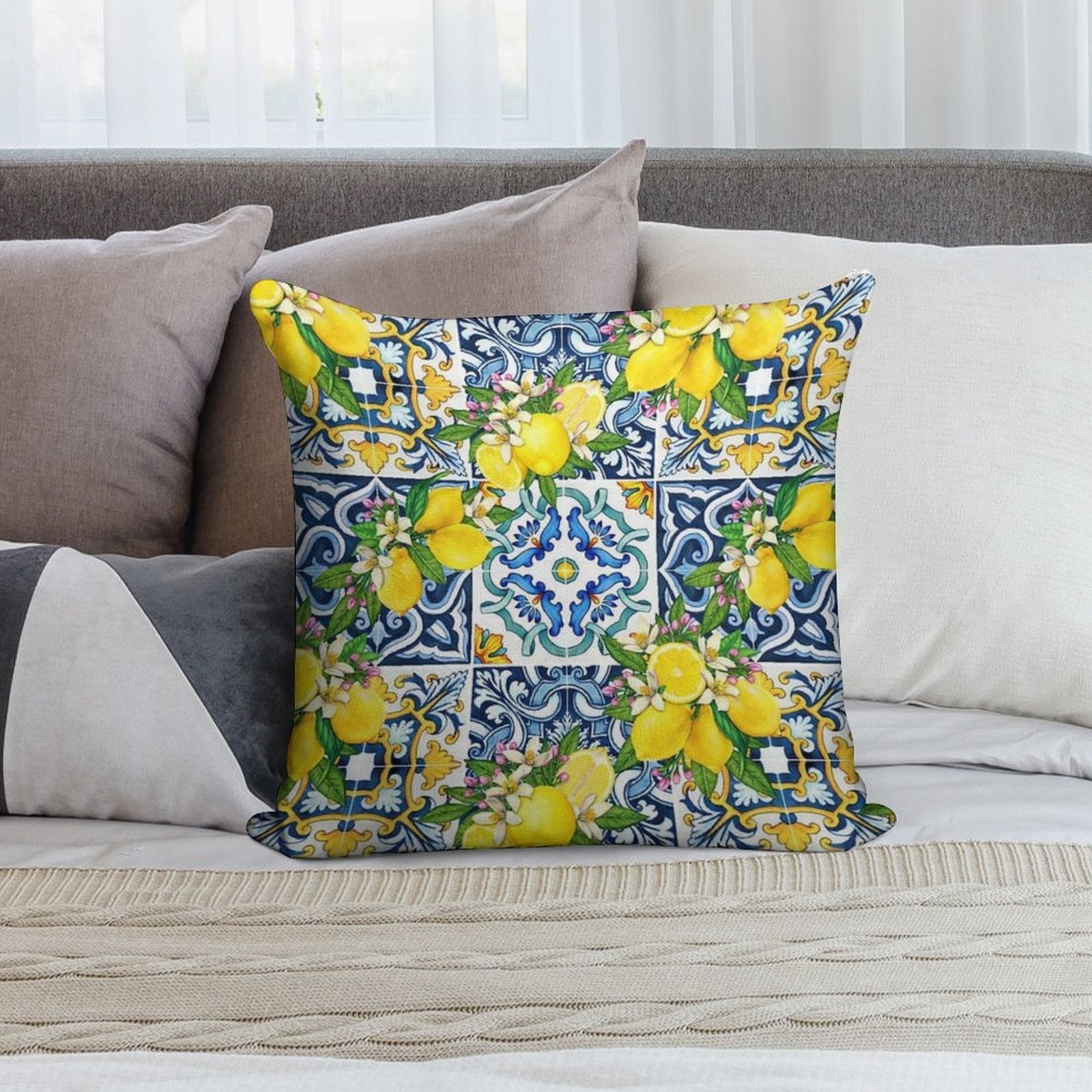 Bright Mediterranean Sicilian Tiles with Citrus Lemons Soft Style Accent Throw Pillow