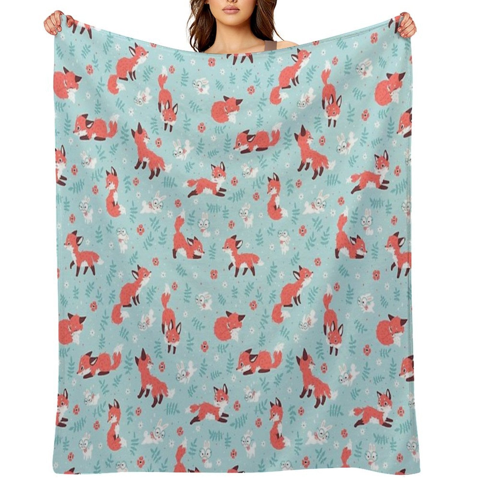 Fox And Bunny Pattern Durable Throw Blanket