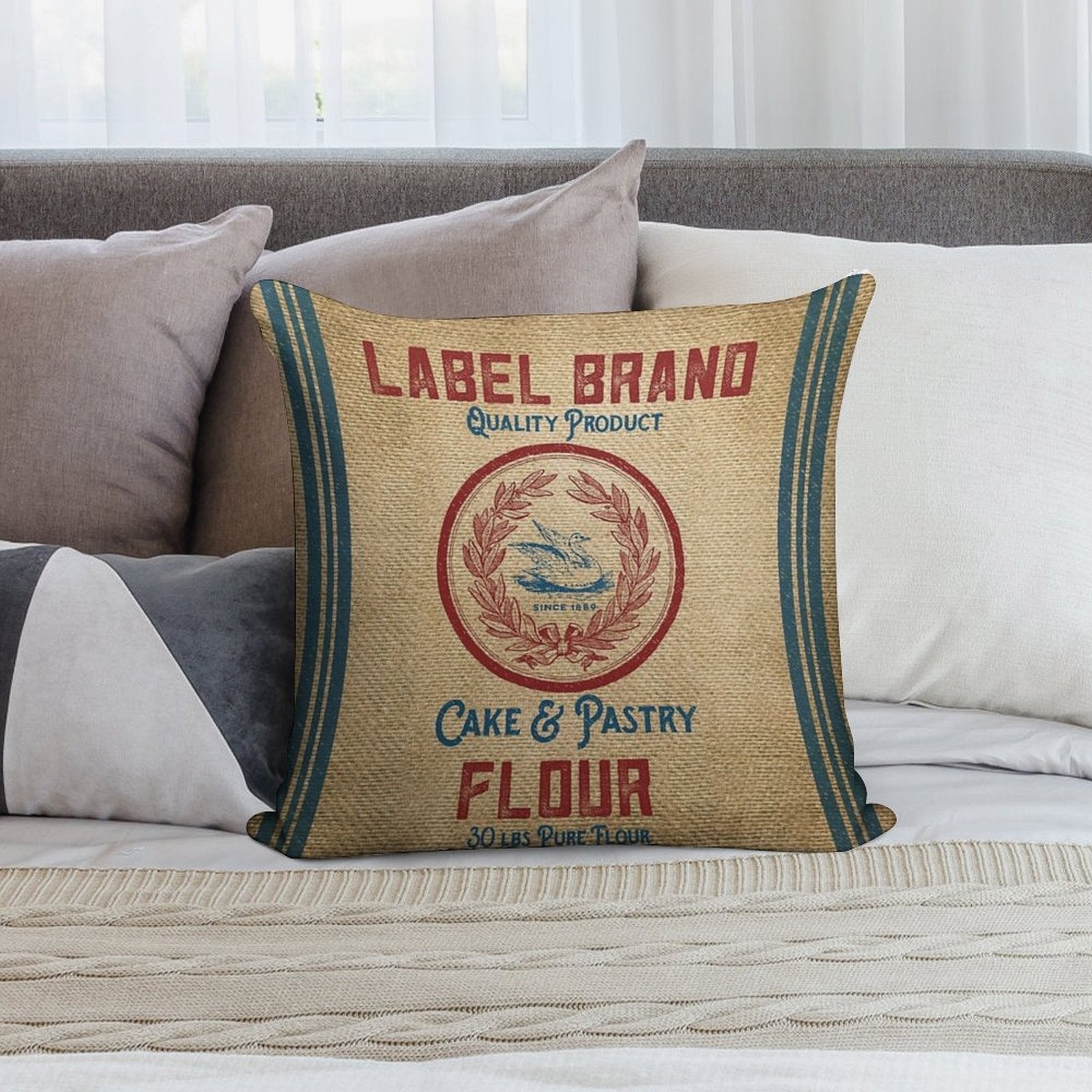 Vintage Burlap Like Flour Sack Soft High-Density Material Throw Pillow