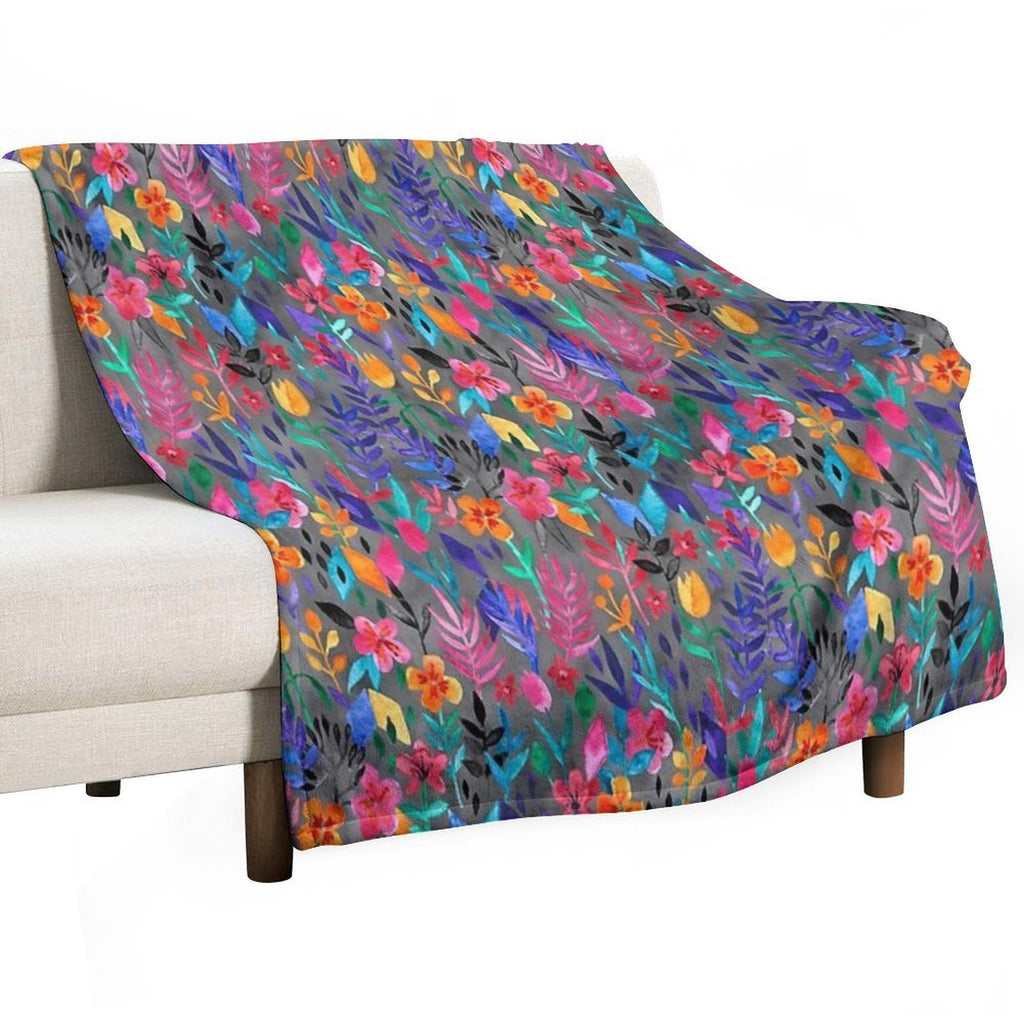 Popping Color Painted Floral on Grey Lightweight Throw Blanket
