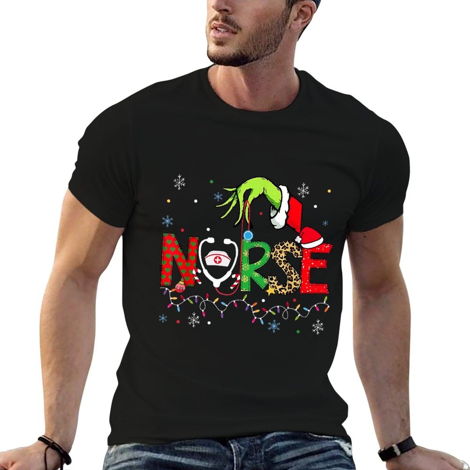 Stethoscope Nurse Merry Christmas Xmas Lights Holiday Snow  Rolled Sleeves T-Shirt