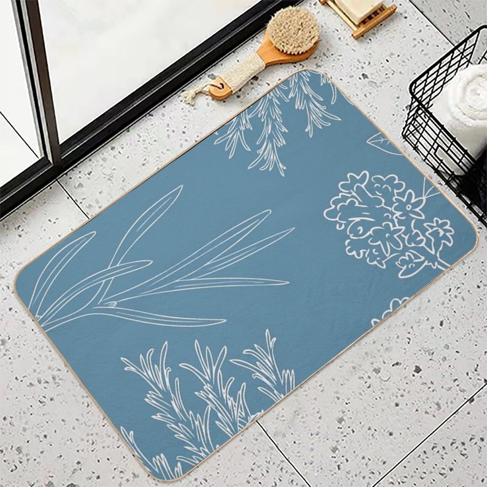 Asthetic White Plants on Blue Pattern  Slip-Resistant Bath Mat