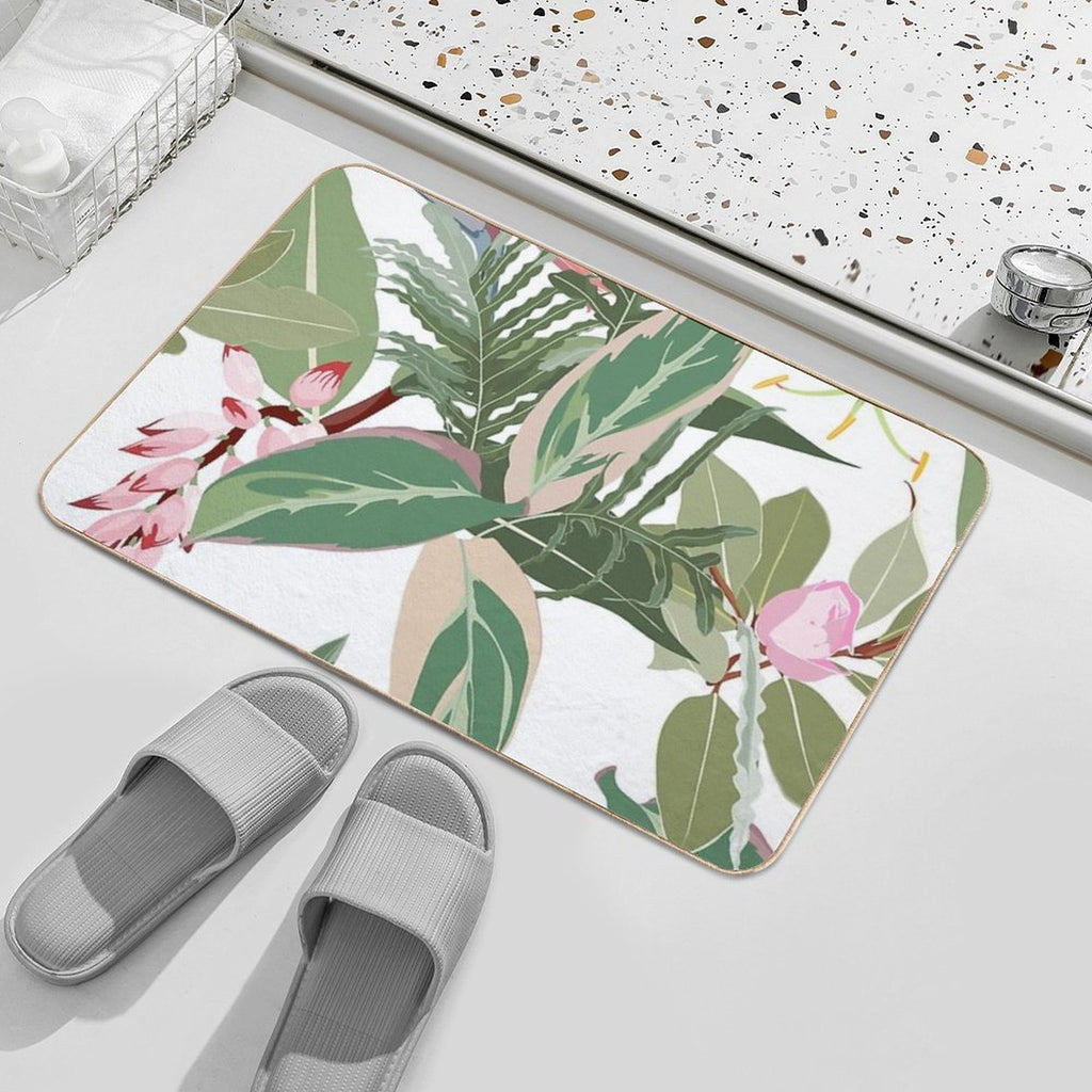 Seamless Floral Pattern with Tropical Pink Flowers with Exotic Leaves.  Stain-Proof Bath Mat