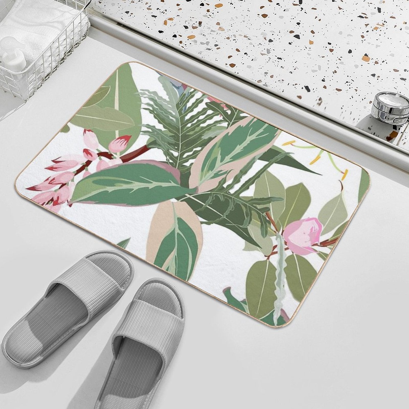 Seamless Floral Pattern with Tropical Pink Flowers with Exotic Leaves.  Stain-Proof Bath Mat