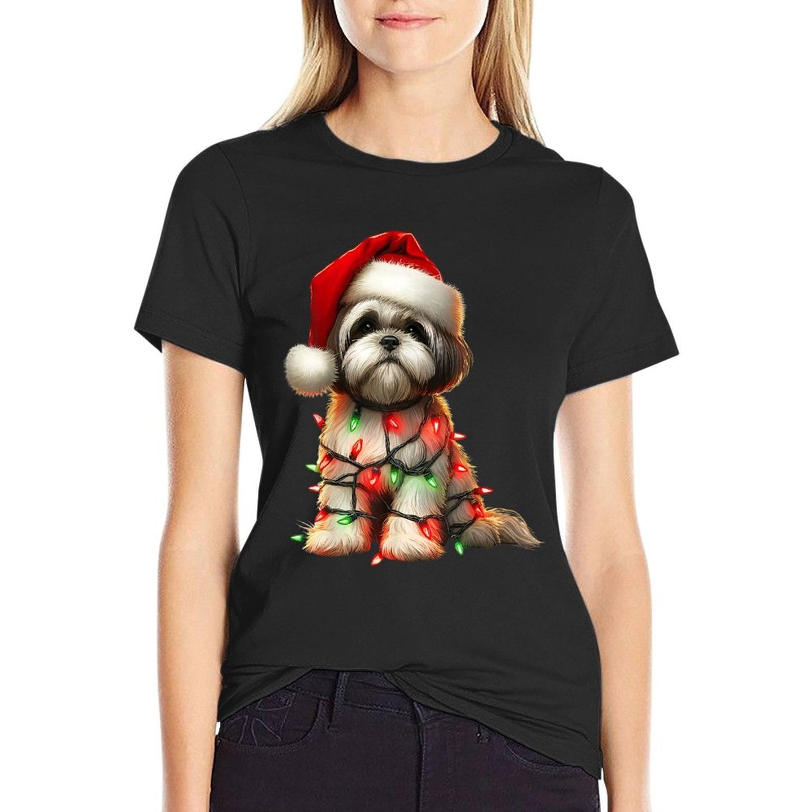 Shih Tzu Dog Christmas Lights Santa Hat Dog Lover  Polyester Blend T-Shirt