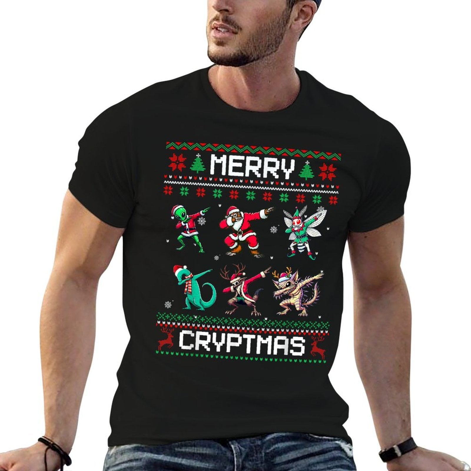 Merry Cryptmas Dabbing Cryptid Ugly Christmas Sweater  Breathable T-Shirt